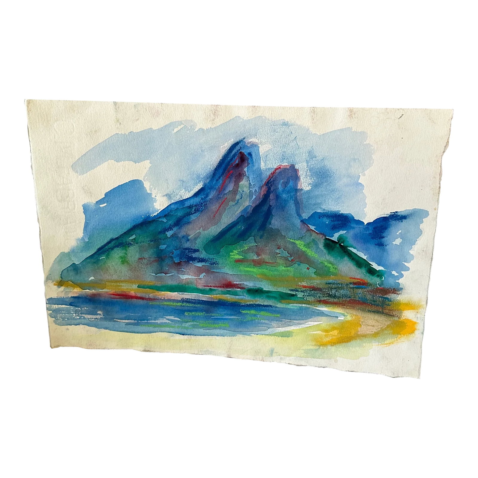 Vintage Abstract Blue Mountain Watercolor Painting: Up for consideration is a beautiful colorful watercolor painting of a mountain scene. This piece would look lovely in your home and it is a great find for the interior design enthusiast. Please check 
