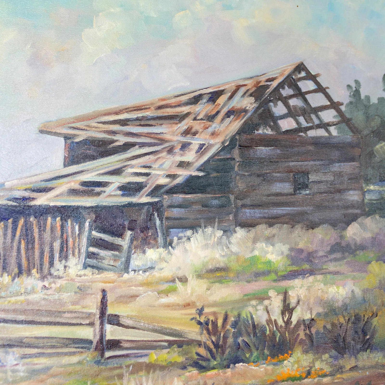 Rustic Western Primitive Rural Cabin Landscape Oil Painting 1977 - 10