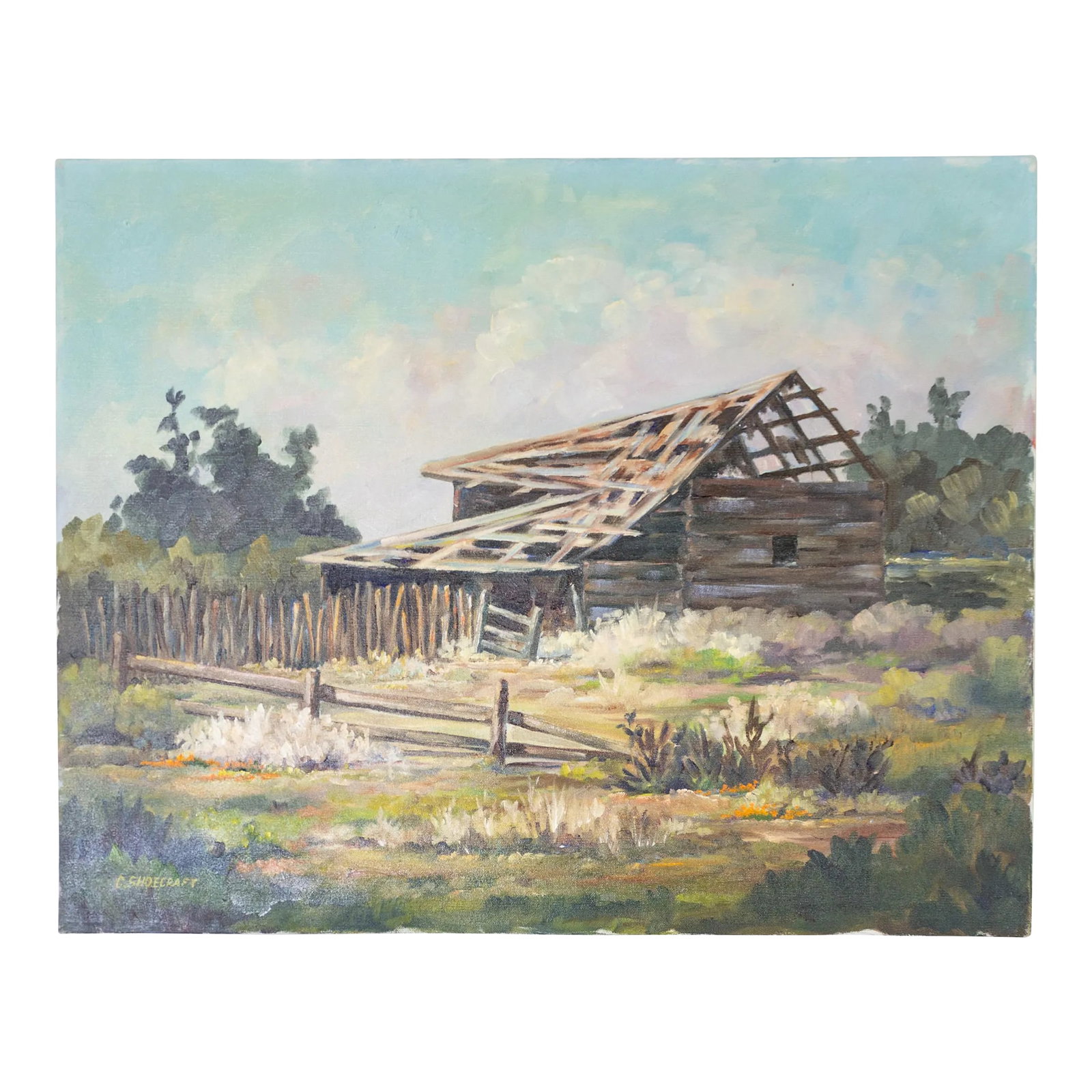 Rustic Western Primitive Rural Cabin Landscape Oil Painting 1977: This rustic Western landscape oil painting, signed 'C Shoecraft', depicts an old log cabin that's seen better days, nestled in a rural country landscape in the spring. A bright blue sky with purple-pi
