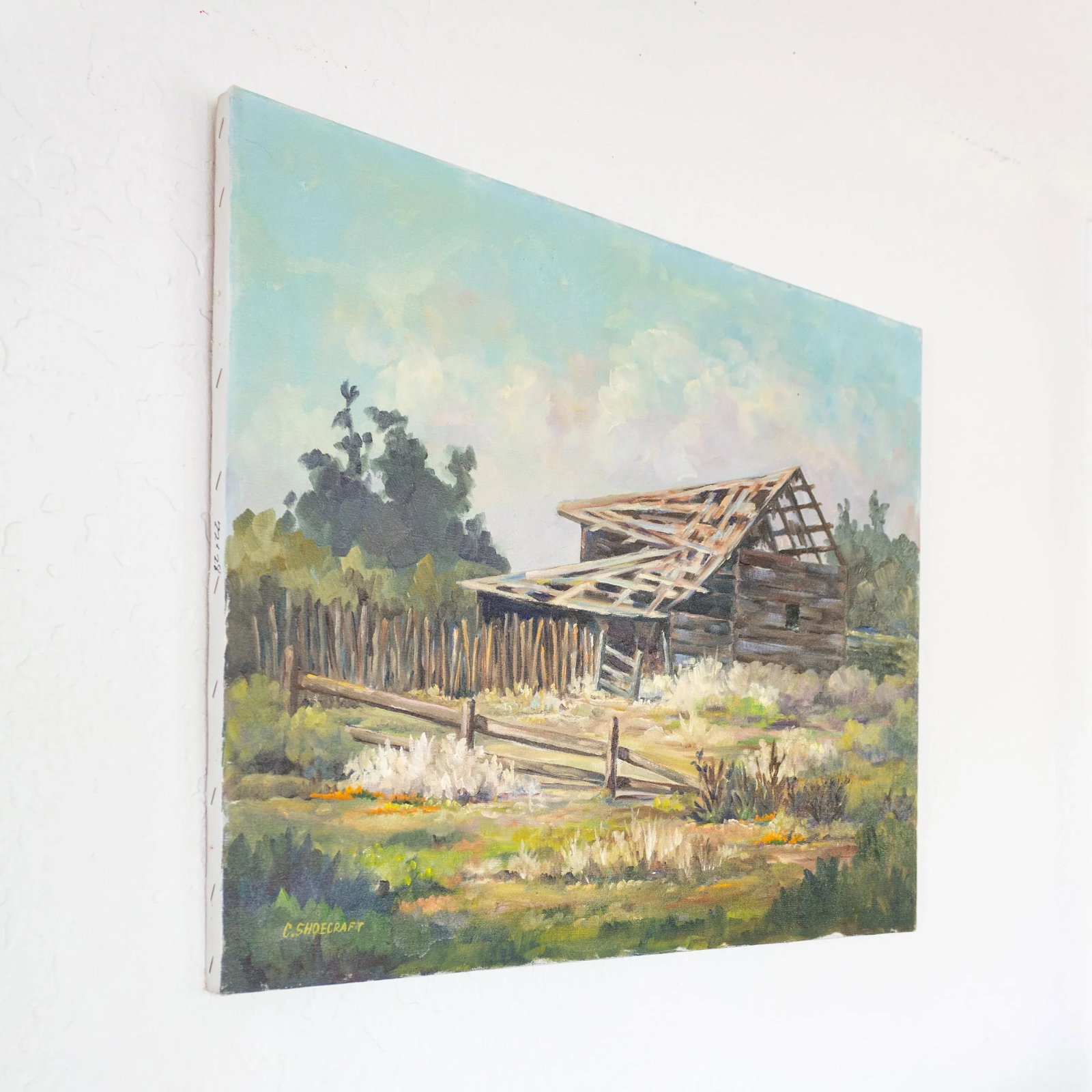 Rustic Western Primitive Rural Cabin Landscape Oil Painting 1977 - 3