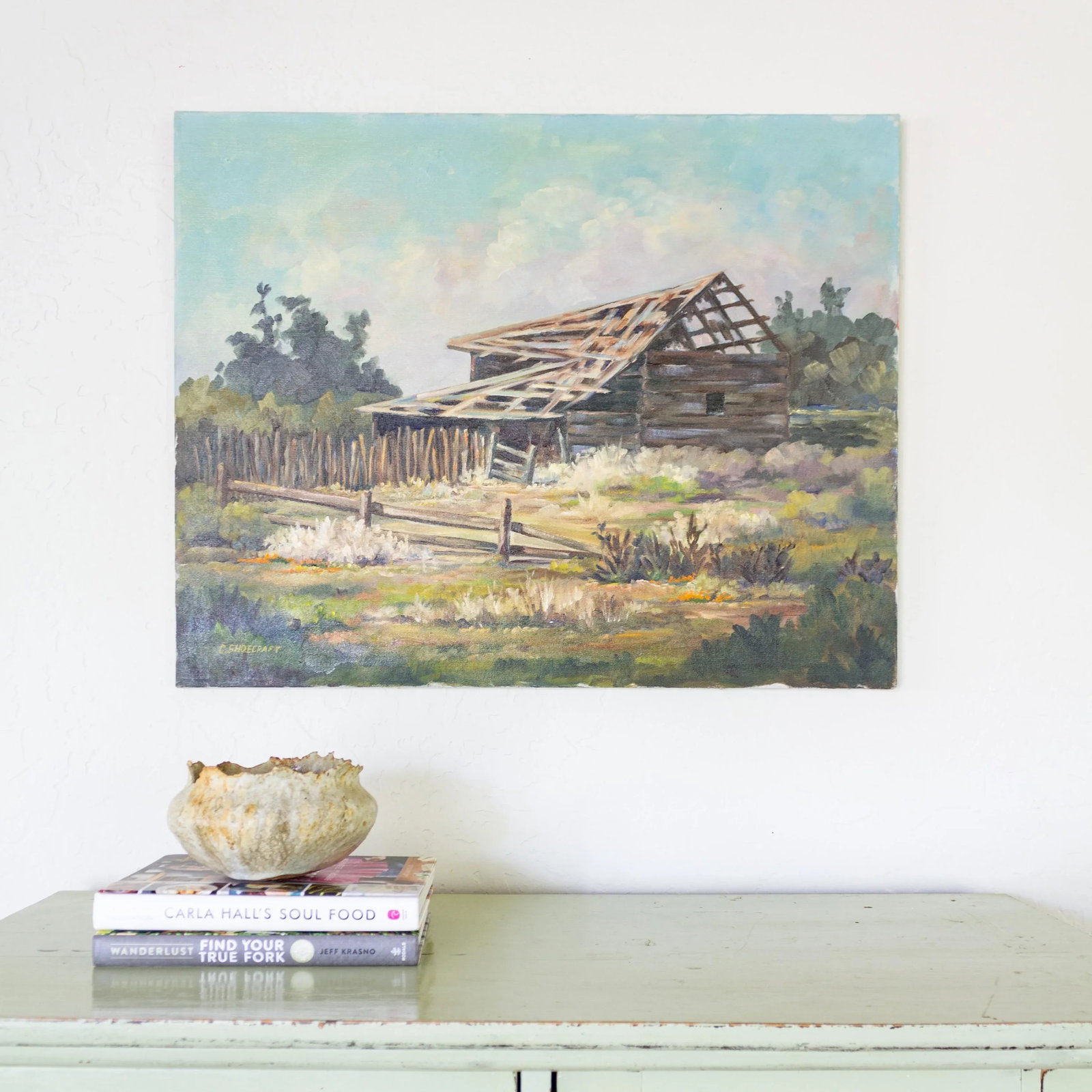 Rustic Western Primitive Rural Cabin Landscape Oil Painting 1977 - 4