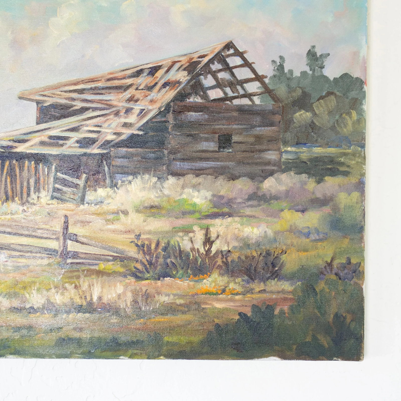 Rustic Western Primitive Rural Cabin Landscape Oil Painting 1977 - 5