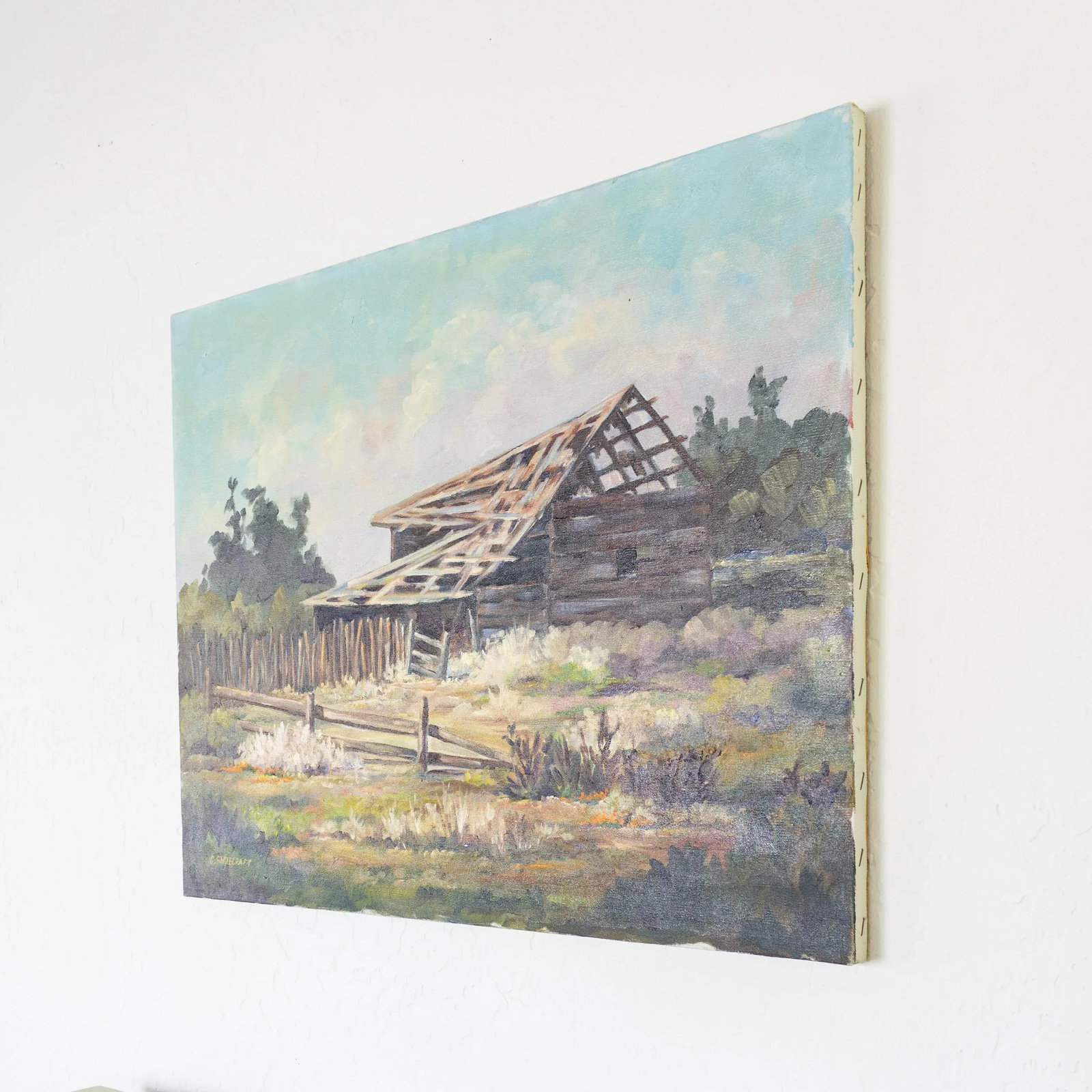 Rustic Western Primitive Rural Cabin Landscape Oil Painting 1977 - 6