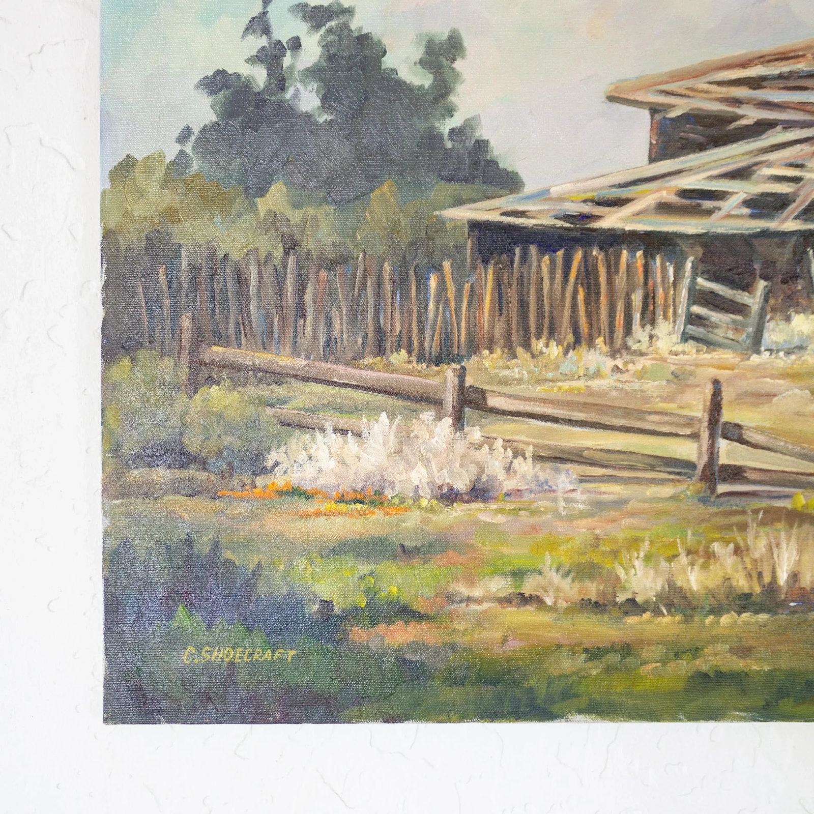 Rustic Western Primitive Rural Cabin Landscape Oil Painting 1977 - 7