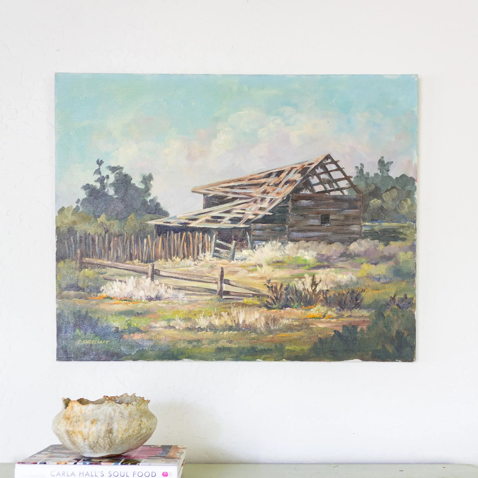Rustic Western Primitive Rural Cabin Landscape Oil Painting 1977 - 8