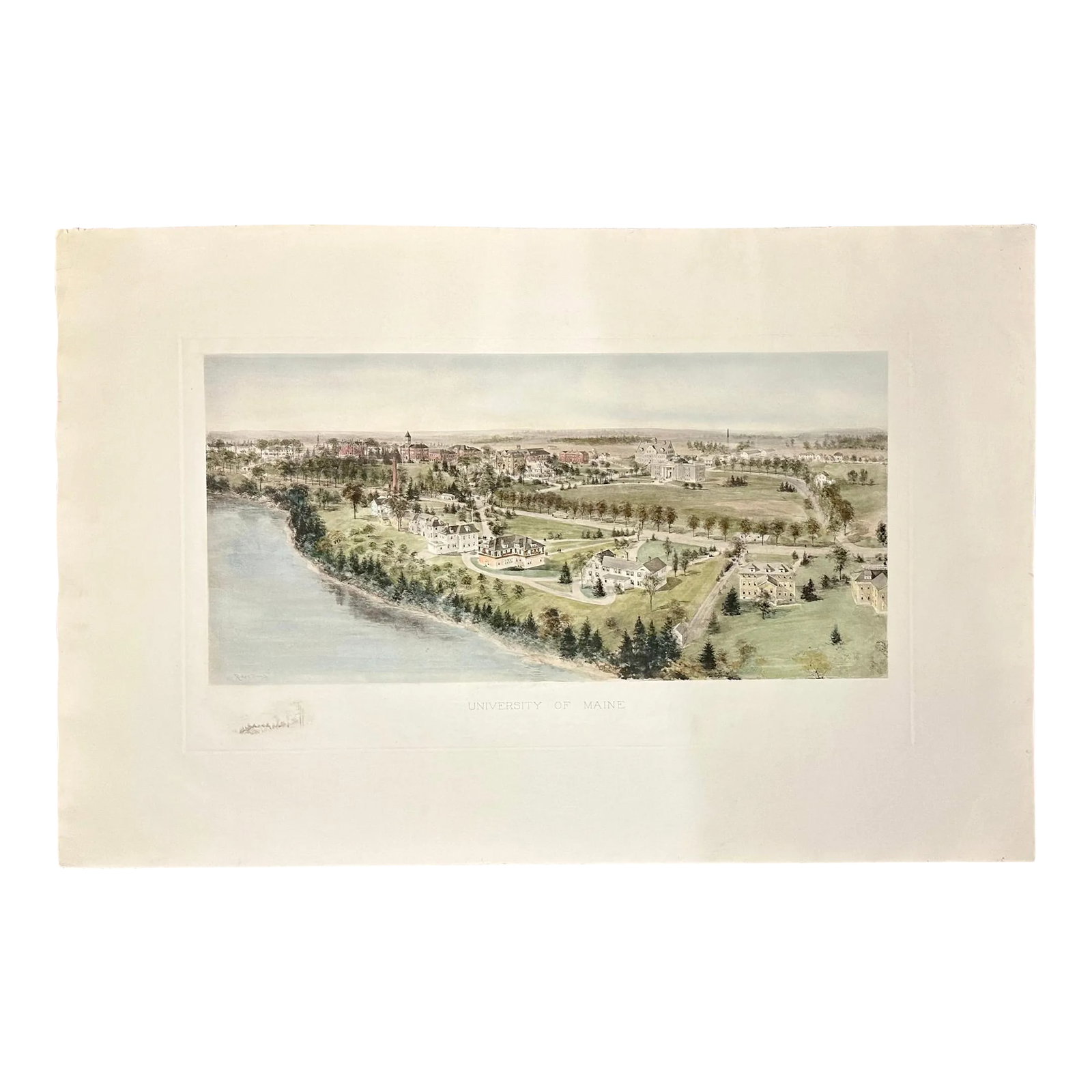 University of Maine Engraving, After Richard Rummell, c.1913 - Hand-Colored Print Wove Paper, Large: A finely detailed engraving of the University of Maine, Orono, Maine, on Marsh Island between the Stillwater and Penobscot rivers, created from the original plate after Richard Rummell, one of the mos