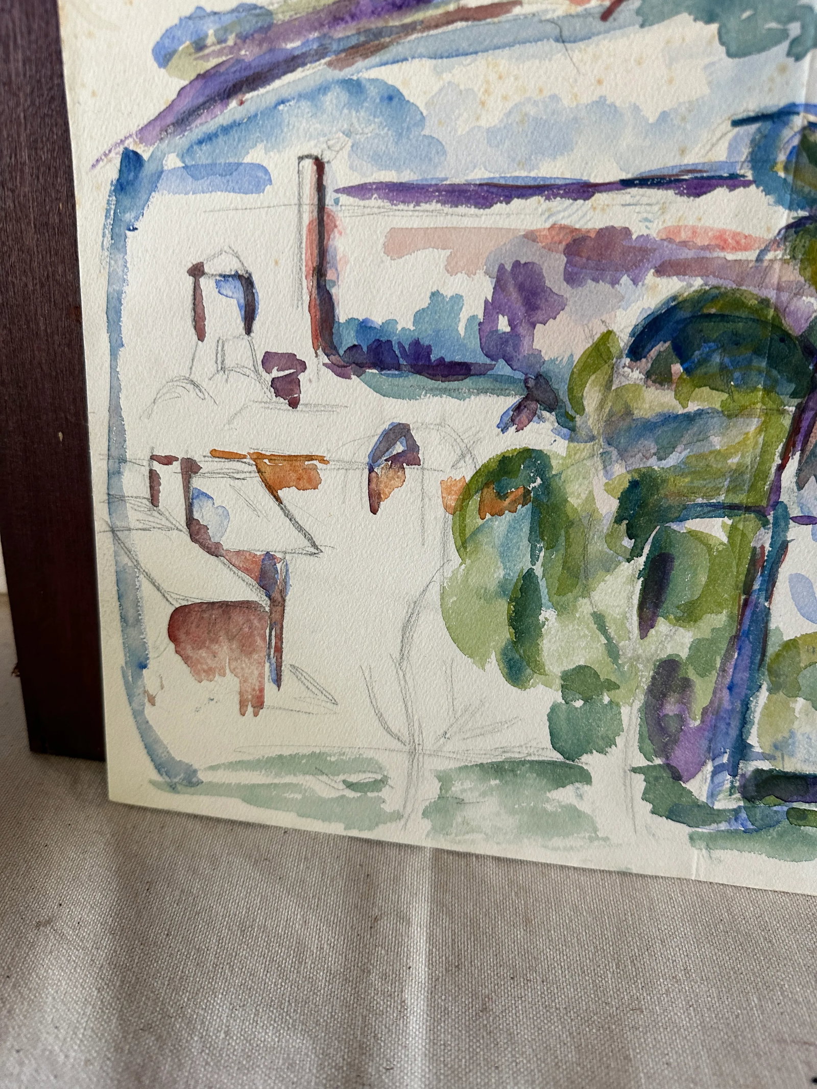 1970s Watercolor Painting of Tree and Village - 2