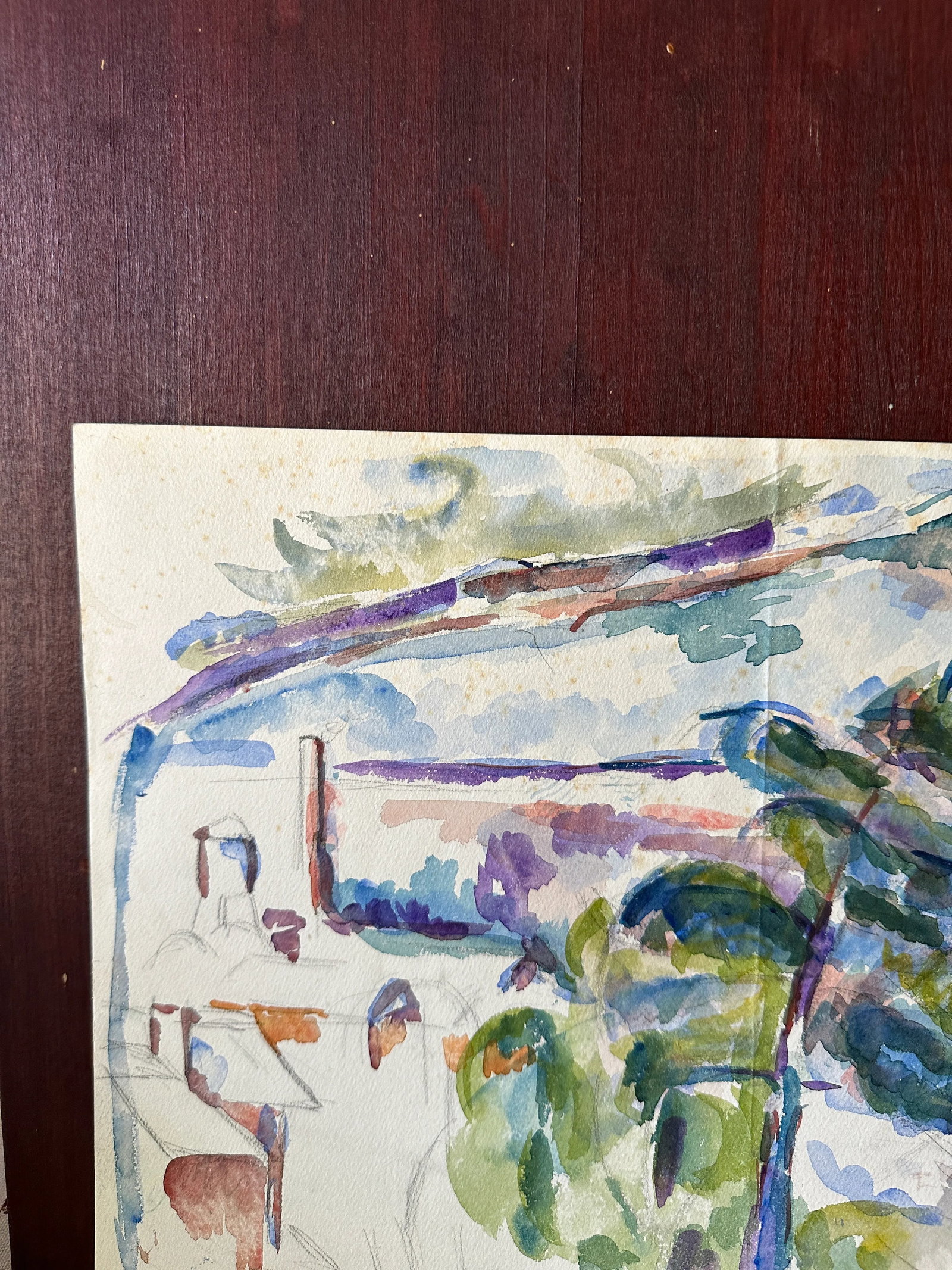 1970s Watercolor Painting of Tree and Village - 3