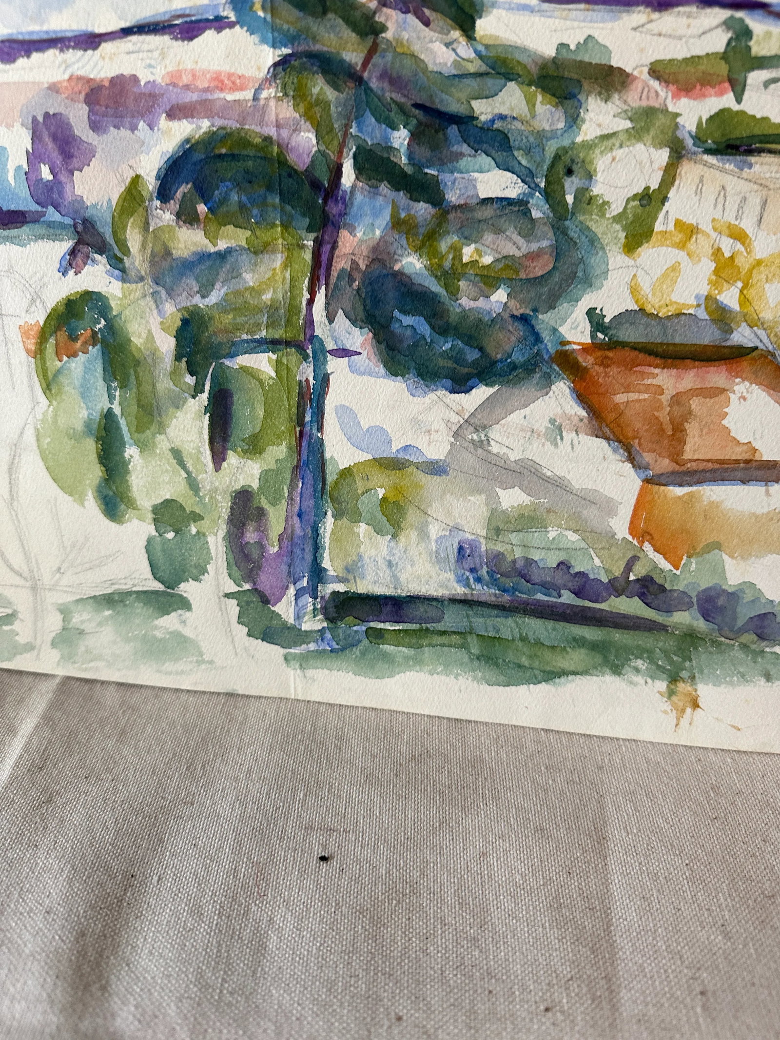 1970s Watercolor Painting of Tree and Village - 5