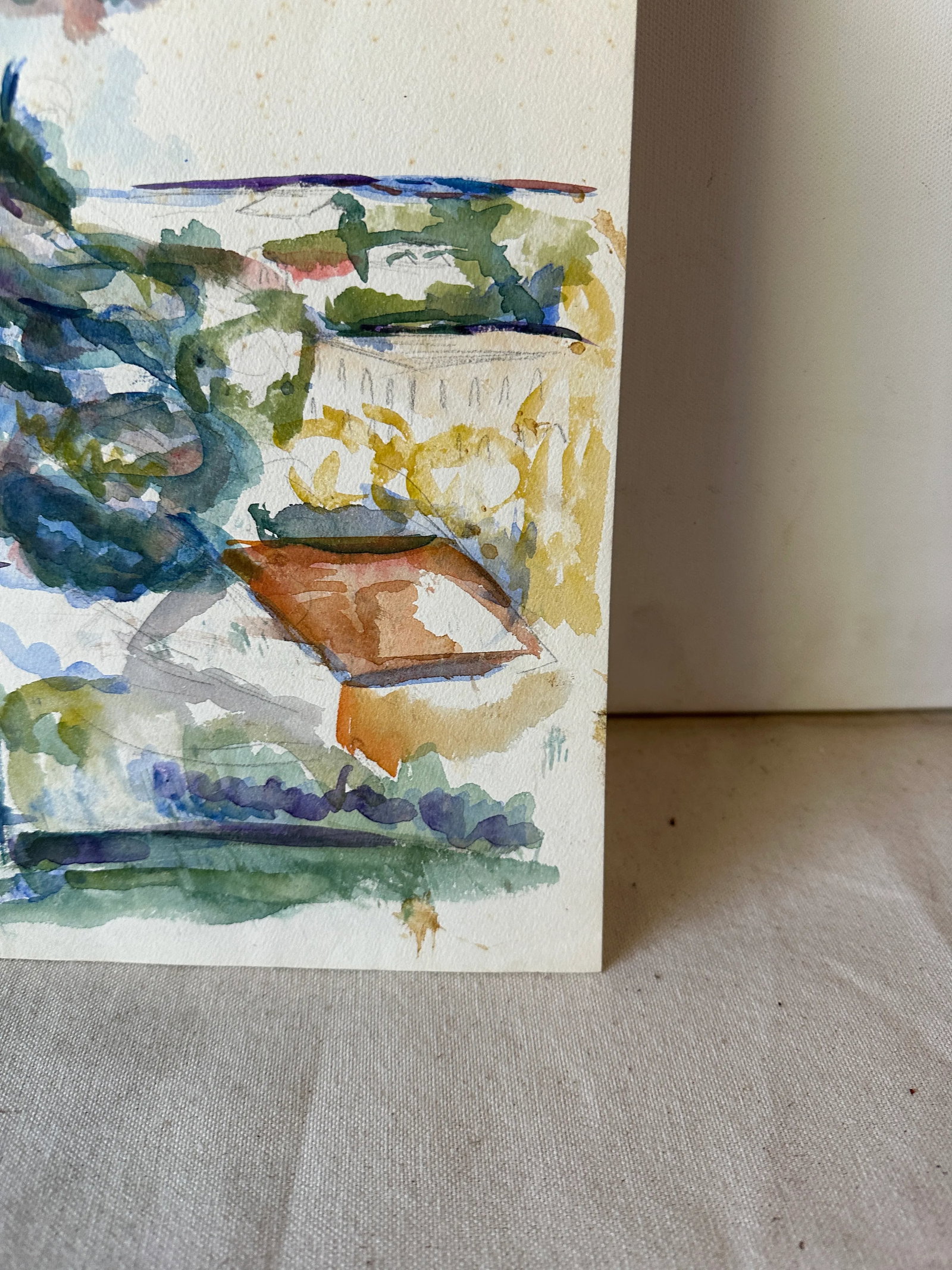 1970s Watercolor Painting of Tree and Village - 6