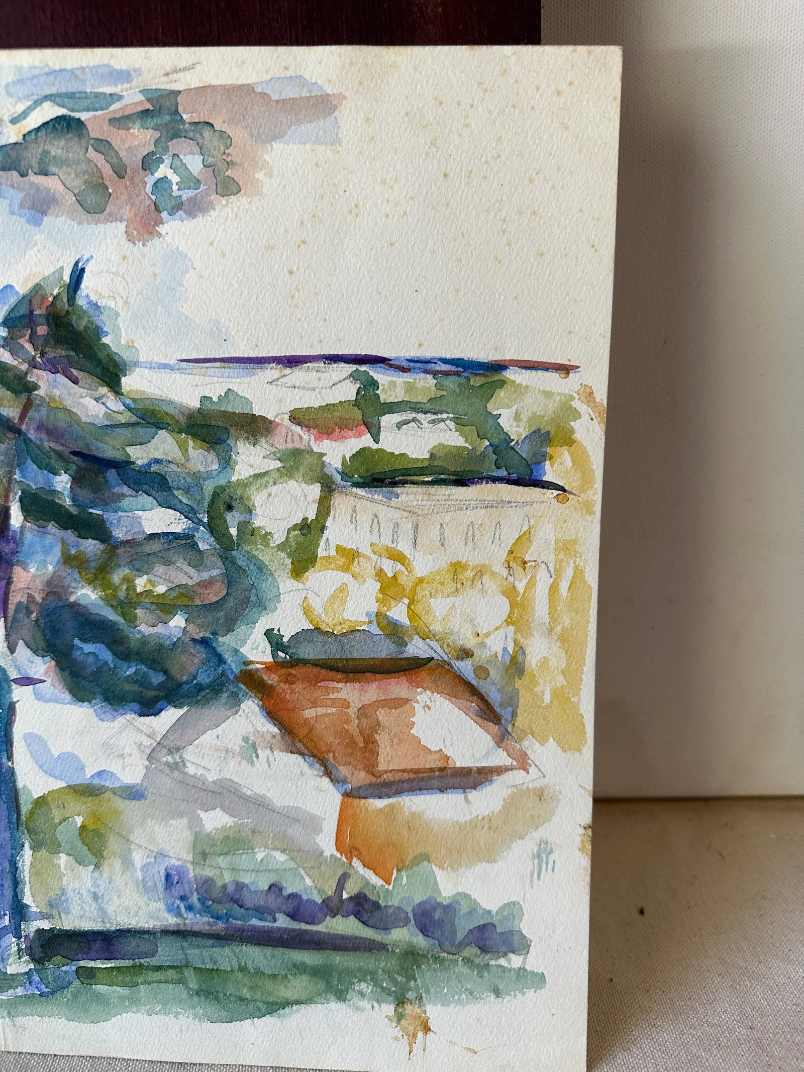 1970s Watercolor Painting of Tree and Village - 7