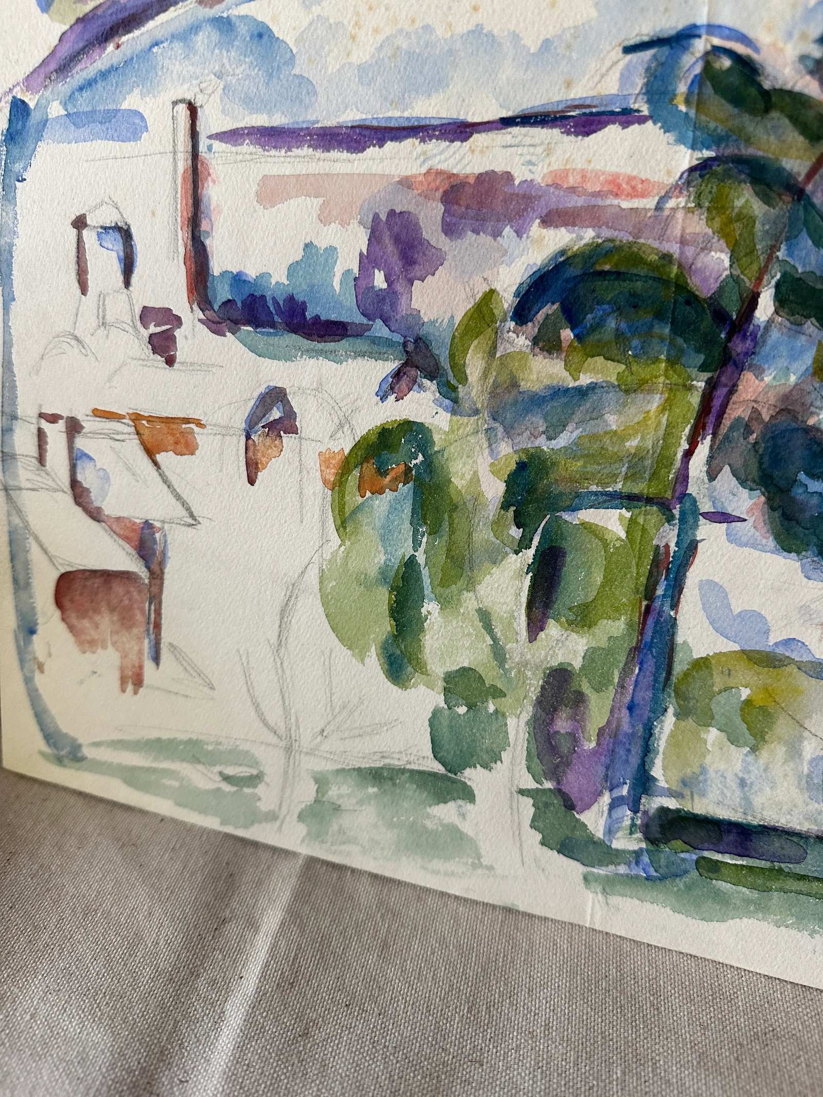 1970s Watercolor Painting of Tree and Village - 9