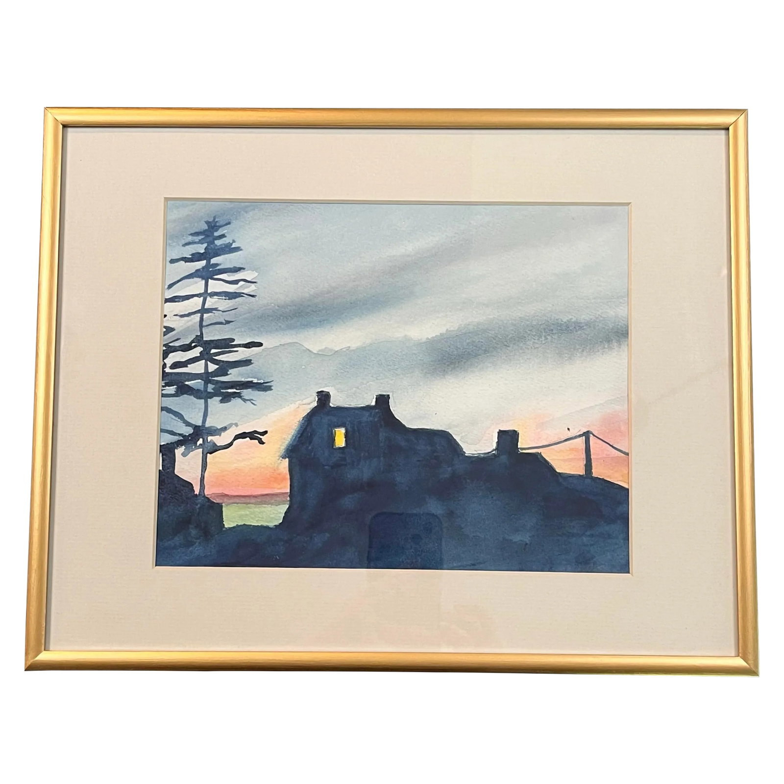 Original Contemporary Moody Watercolor Painting "Mohegan Sunset" in a Gold Metal Frame With Mat: This is a beautiful watercolor painting entitled "Mohegan Sunset" by River Valley Artist, Fran Curto. The moody blue forefront features a lone tree, a house with one lit upstairs window situated on a