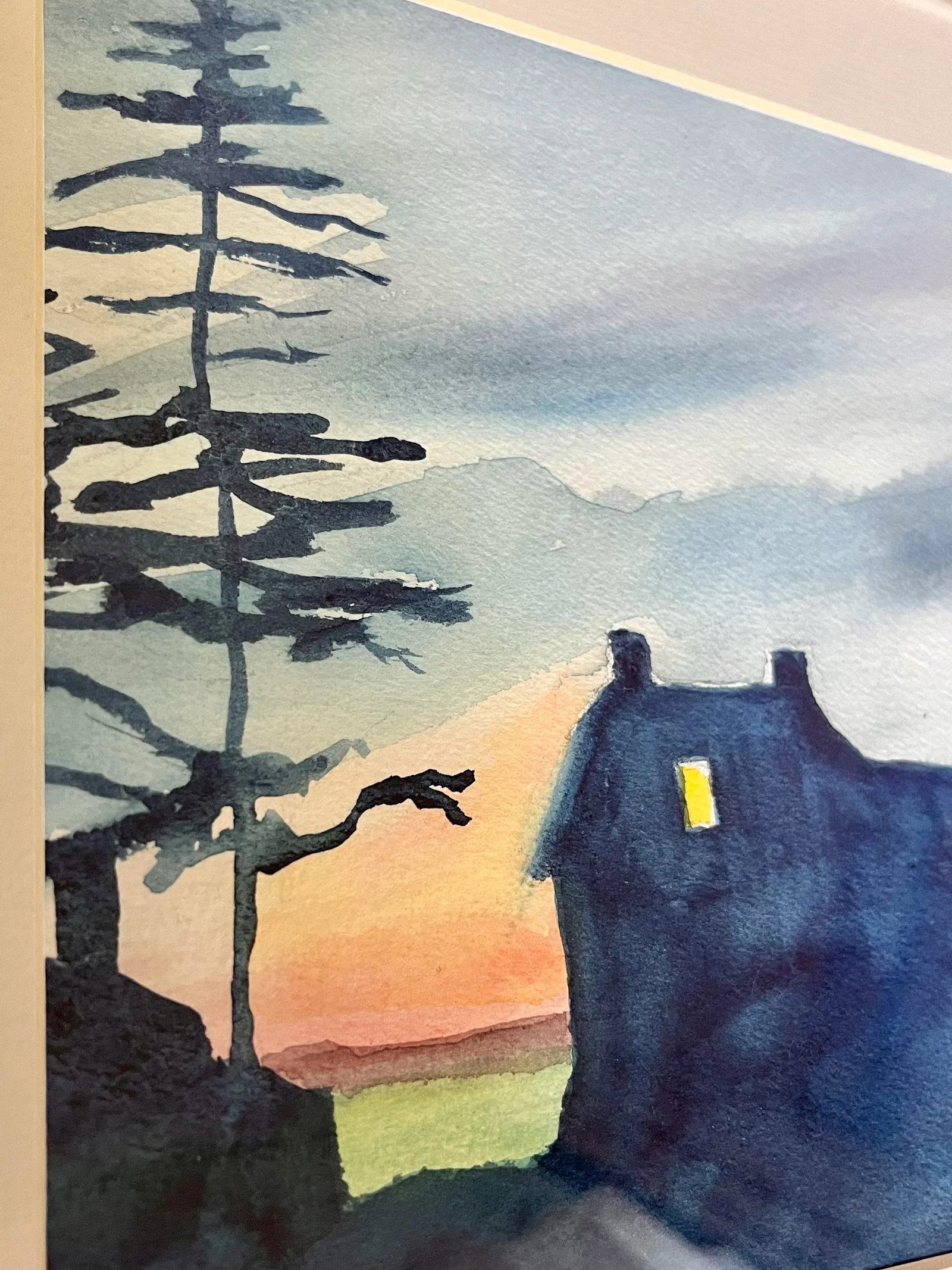Original Contemporary Moody Watercolor Painting "Mohegan Sunset" in a Gold Metal Frame With Mat - 2