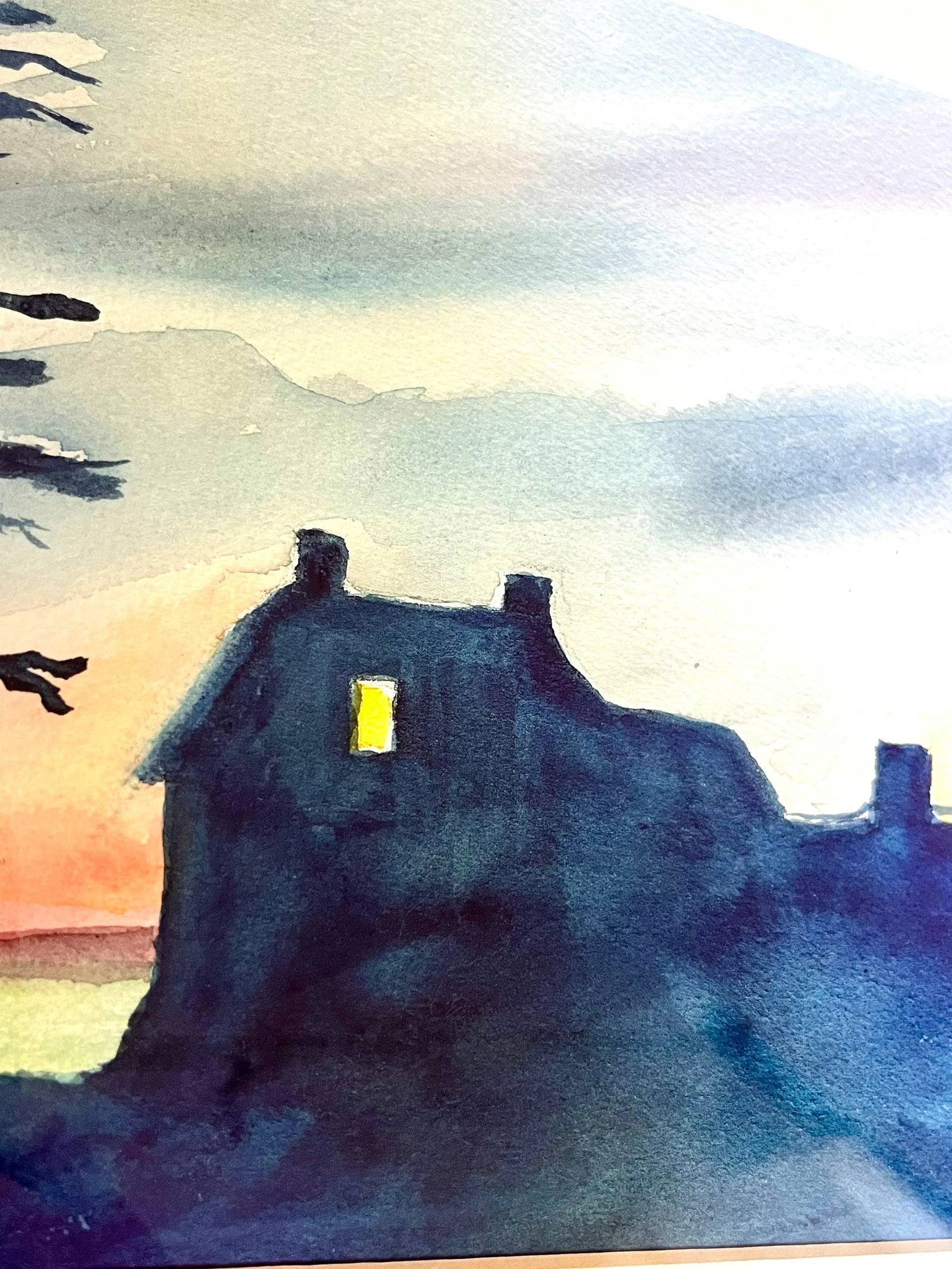 Original Contemporary Moody Watercolor Painting "Mohegan Sunset" in a Gold Metal Frame With Mat - 3