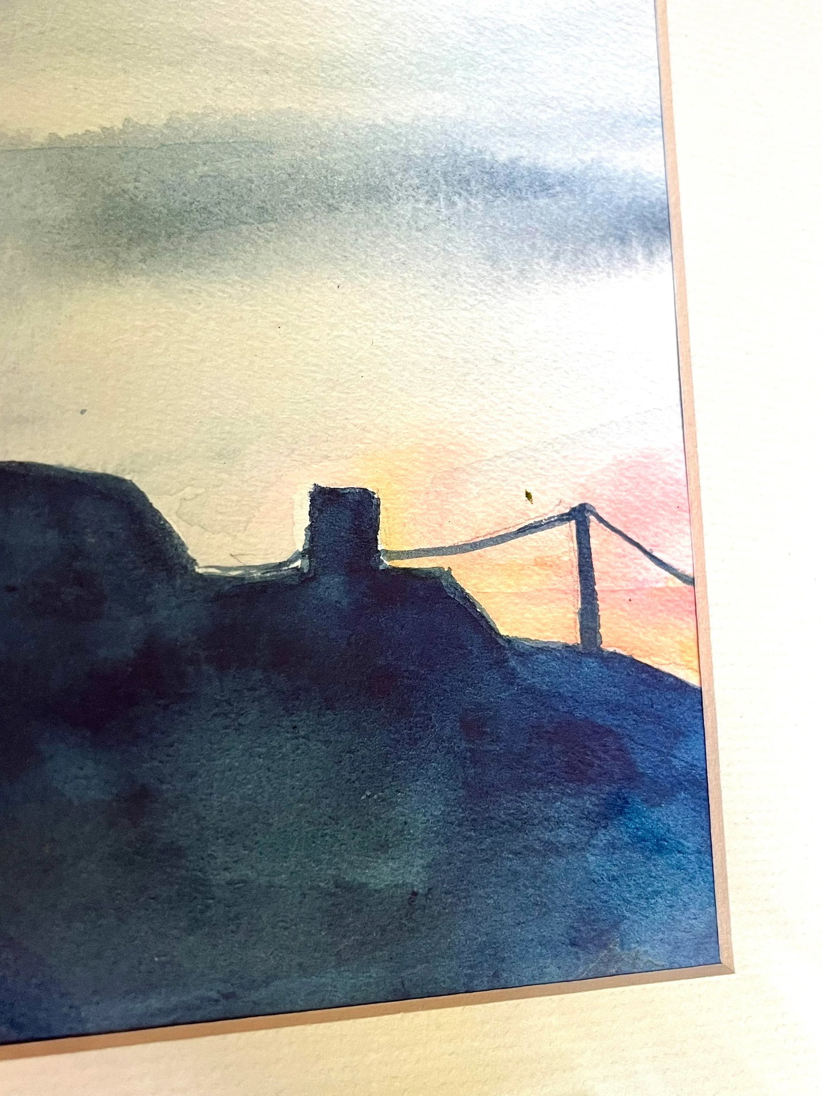 Original Contemporary Moody Watercolor Painting "Mohegan Sunset" in a Gold Metal Frame With Mat - 4