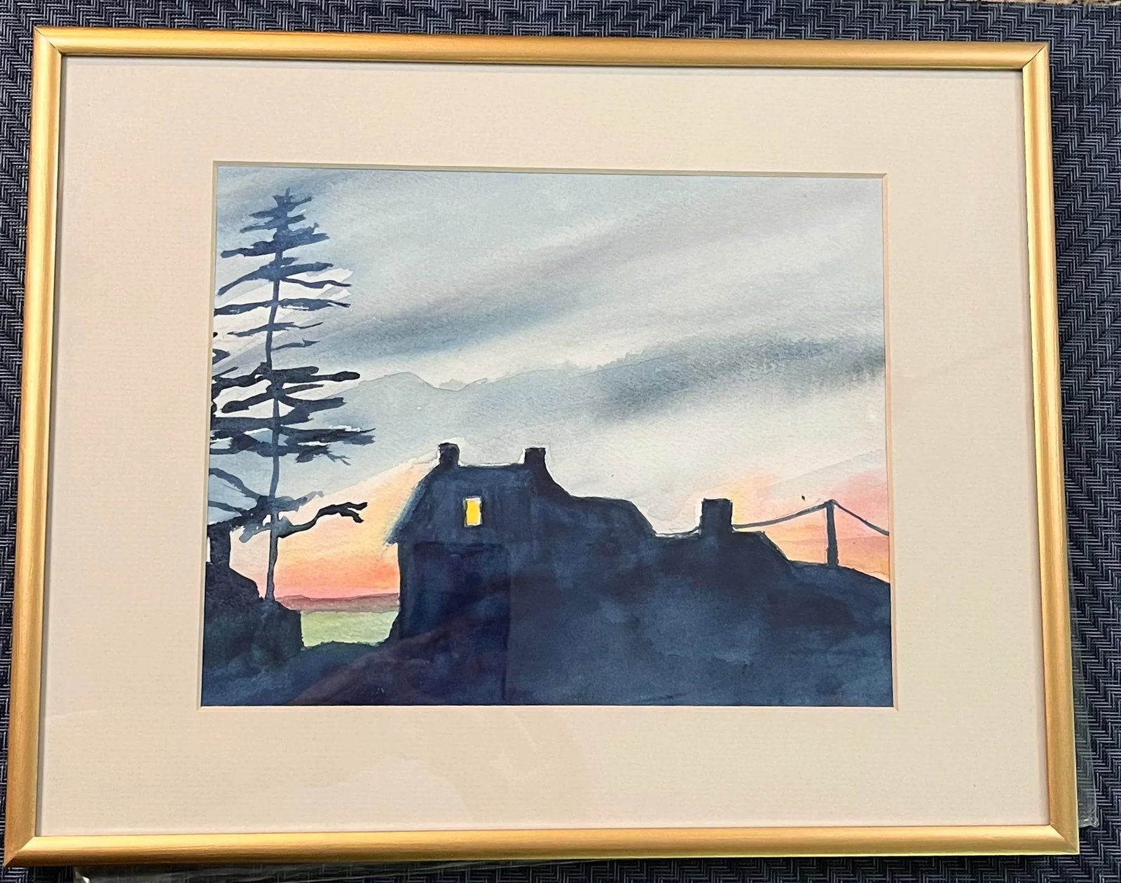Original Contemporary Moody Watercolor Painting "Mohegan Sunset" in a Gold Metal Frame With Mat - 5