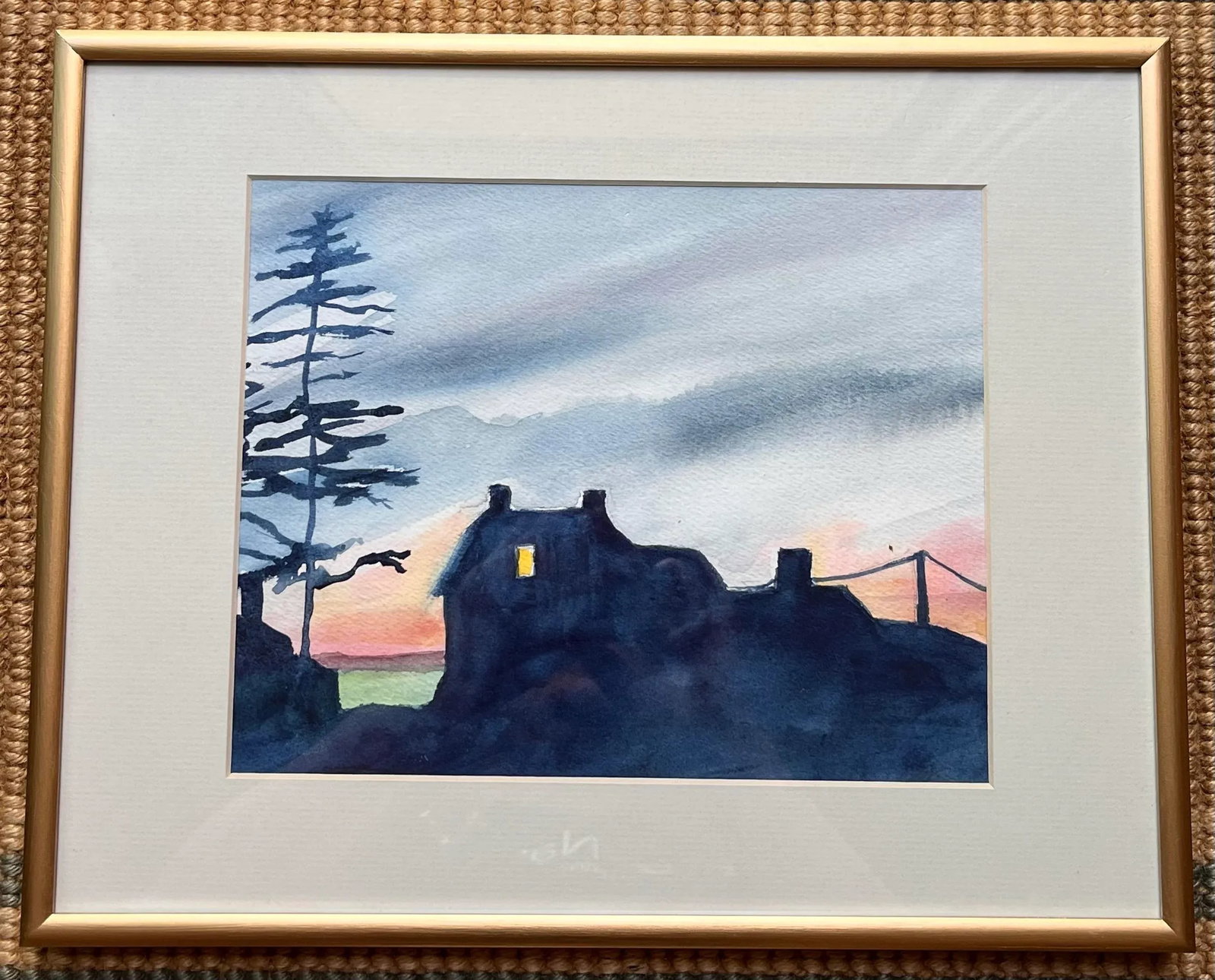 Original Contemporary Moody Watercolor Painting "Mohegan Sunset" in a Gold Metal Frame With Mat - 9