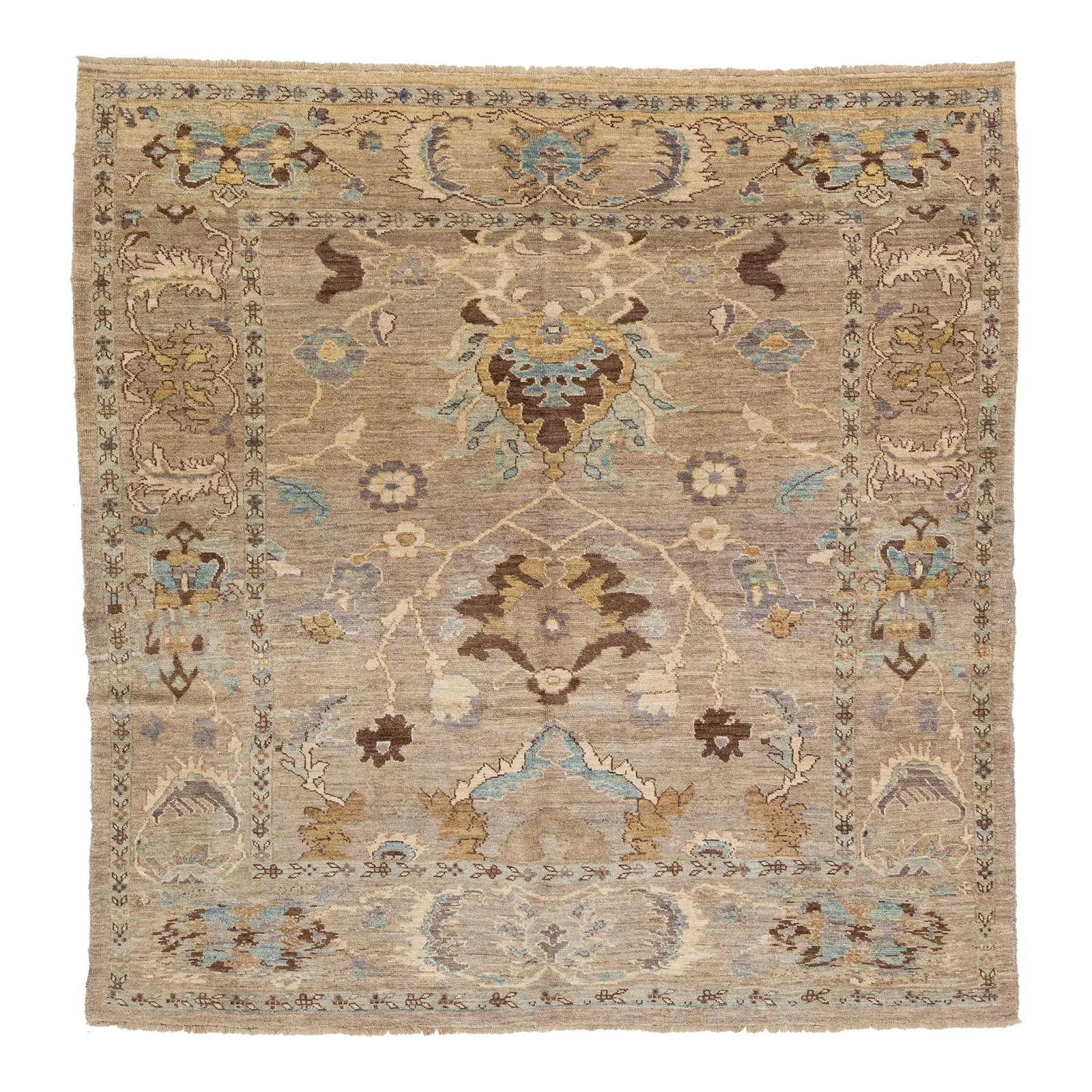 Allover Modern Designed Sultanabad Square Wool Rug in Light Brown: This is a hand-knotted Persian wool rug featuring a lovely design in blue, beige, and brown on a light brown field. This rug measures at 8'1" x 8'3". Condition: Imperfections: No Imperfections Origin: