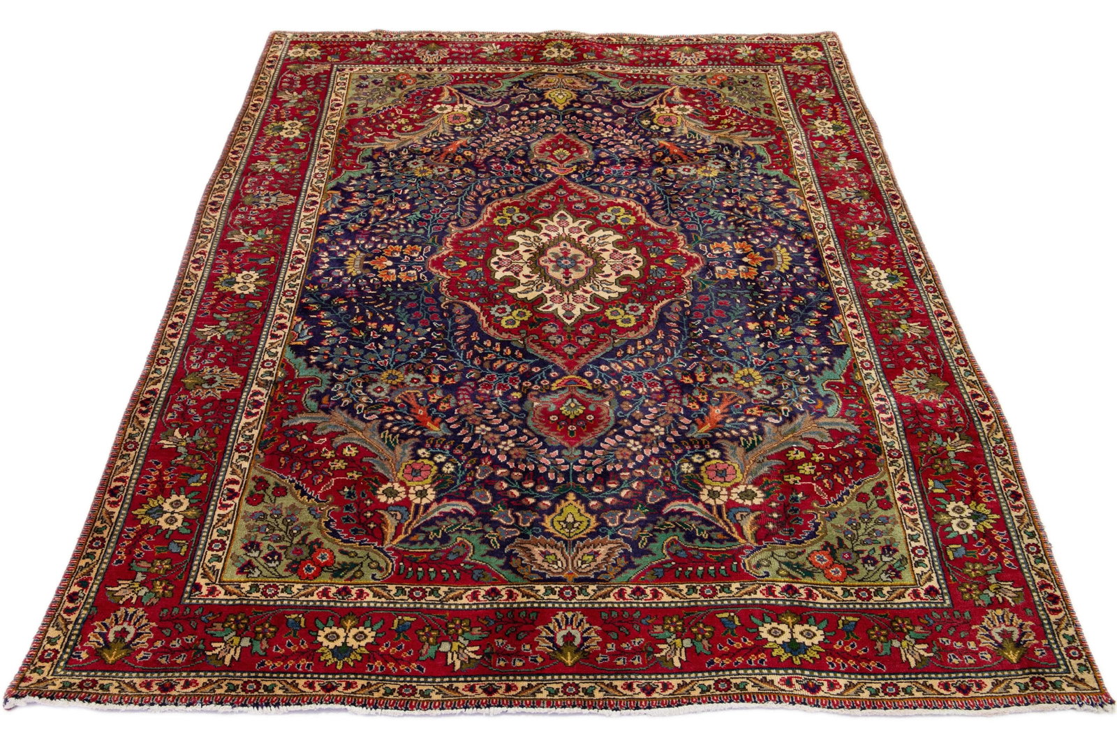 Medallion Designed Handmade Vintage Tabriz Wool Rug in Blue 7 X 9 - 2