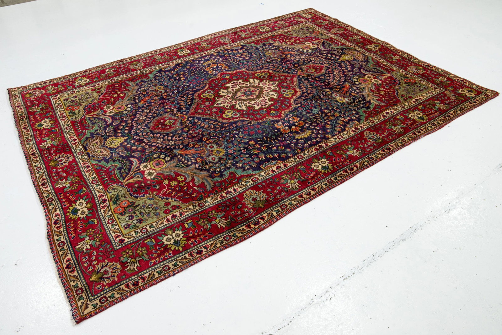 Medallion Designed Handmade Vintage Tabriz Wool Rug in Blue 7 X 9 - 3