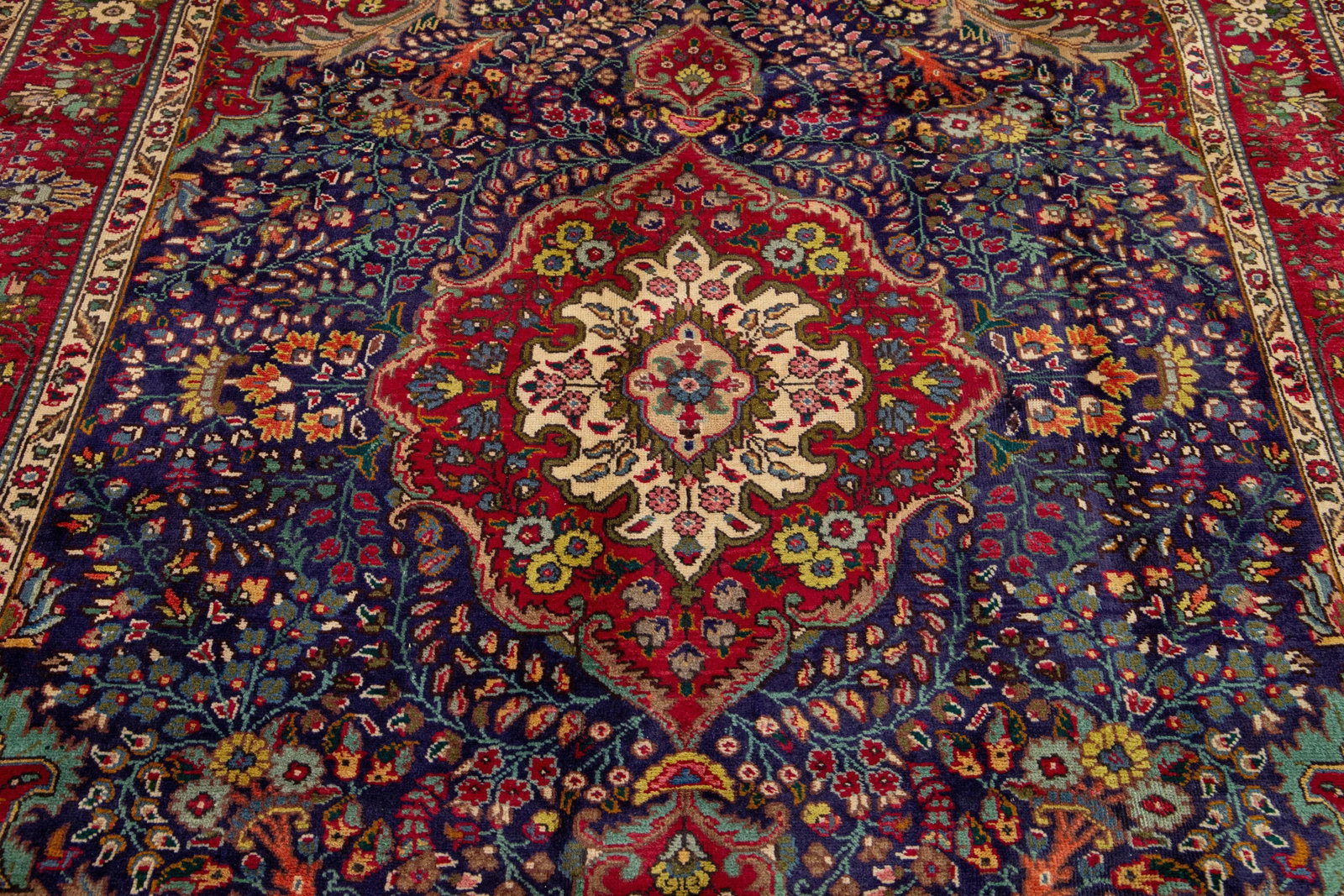 Medallion Designed Handmade Vintage Tabriz Wool Rug in Blue 7 X 9 - 6