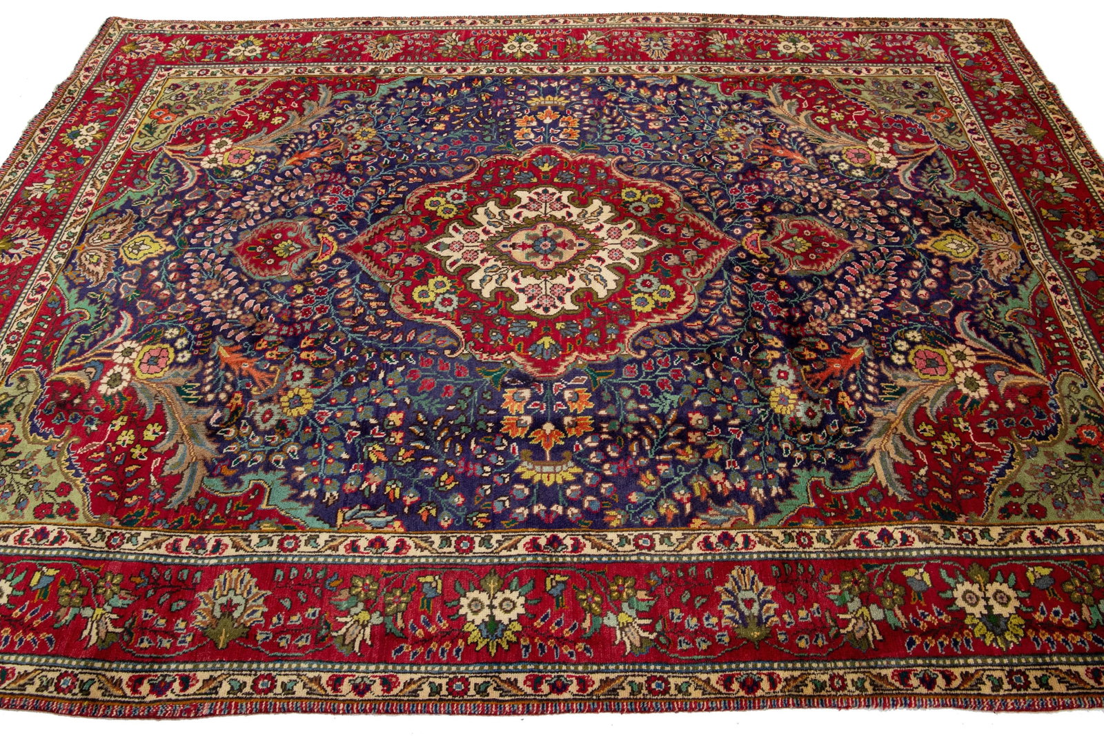 Medallion Designed Handmade Vintage Tabriz Wool Rug in Blue 7 X 9 - 9