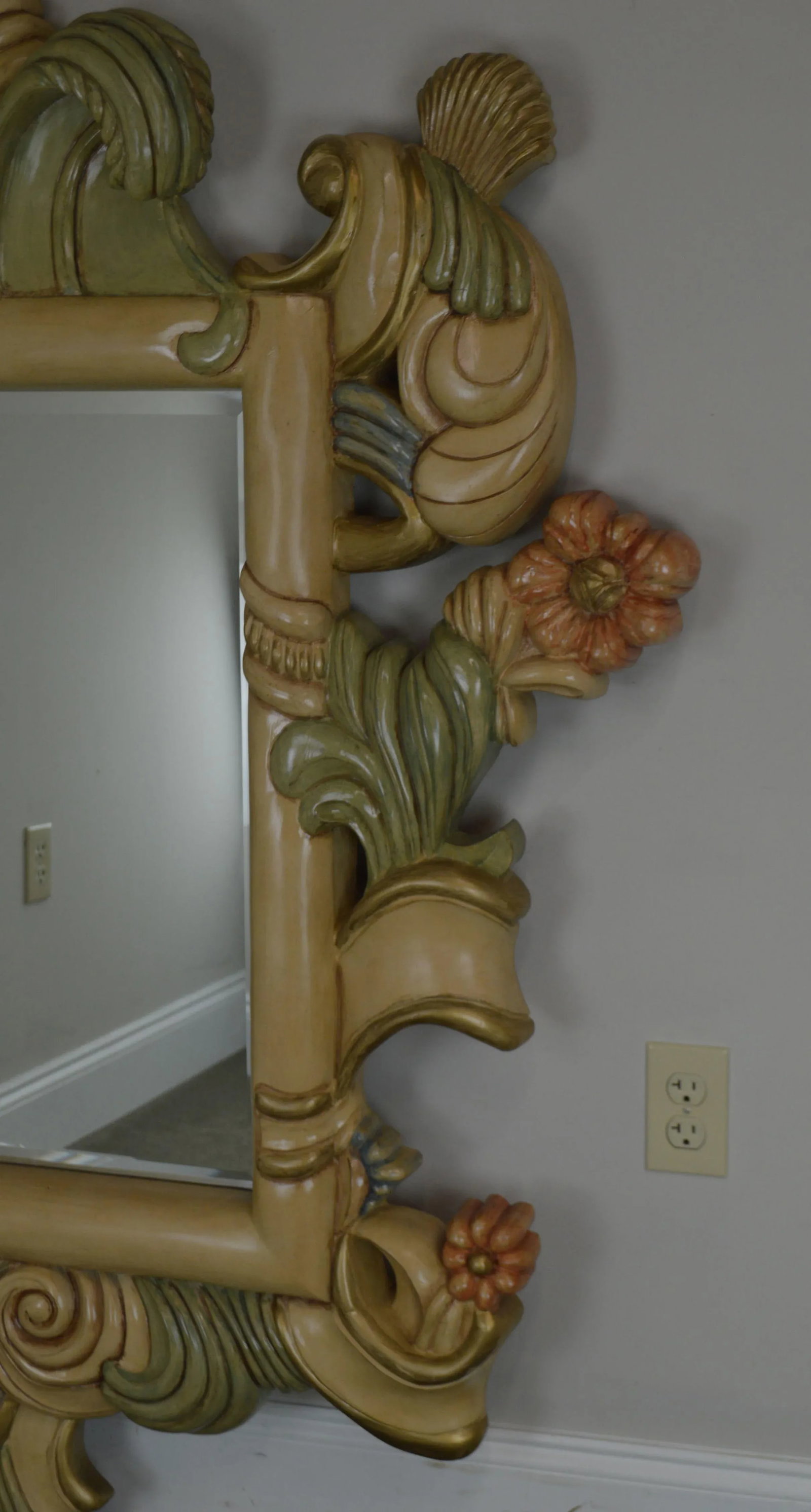 Hand Painted Large Carved Wood Frame Beveled Wall Mirror - 10