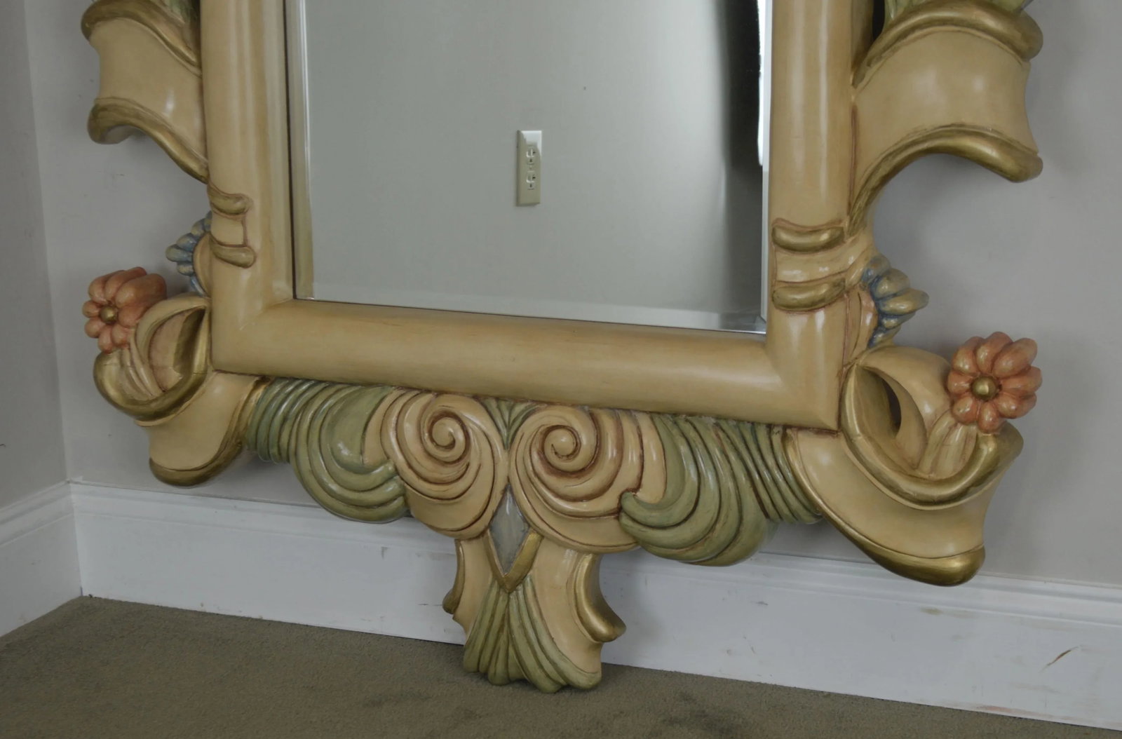 Hand Painted Large Carved Wood Frame Beveled Wall Mirror - 11