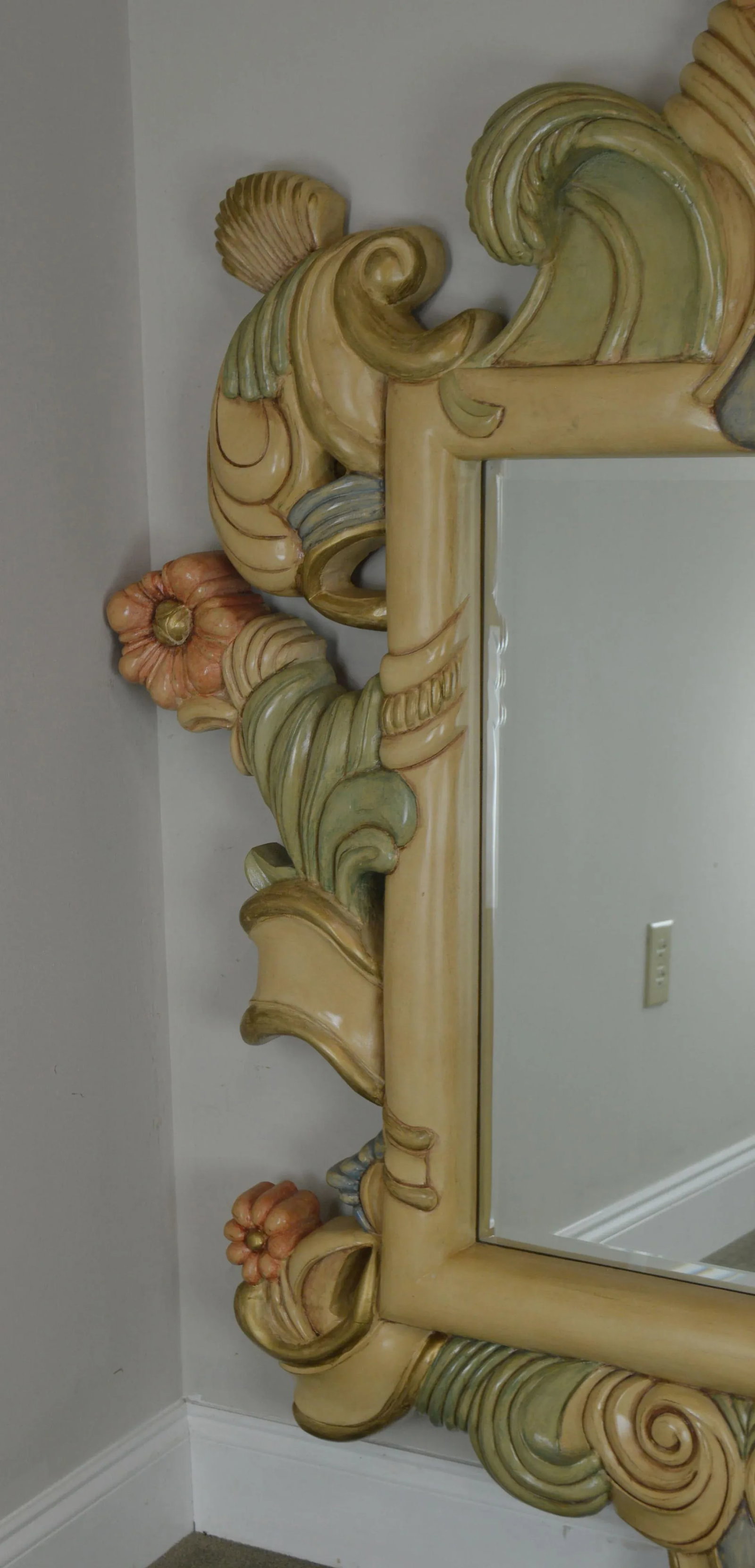 Hand Painted Large Carved Wood Frame Beveled Wall Mirror - 12