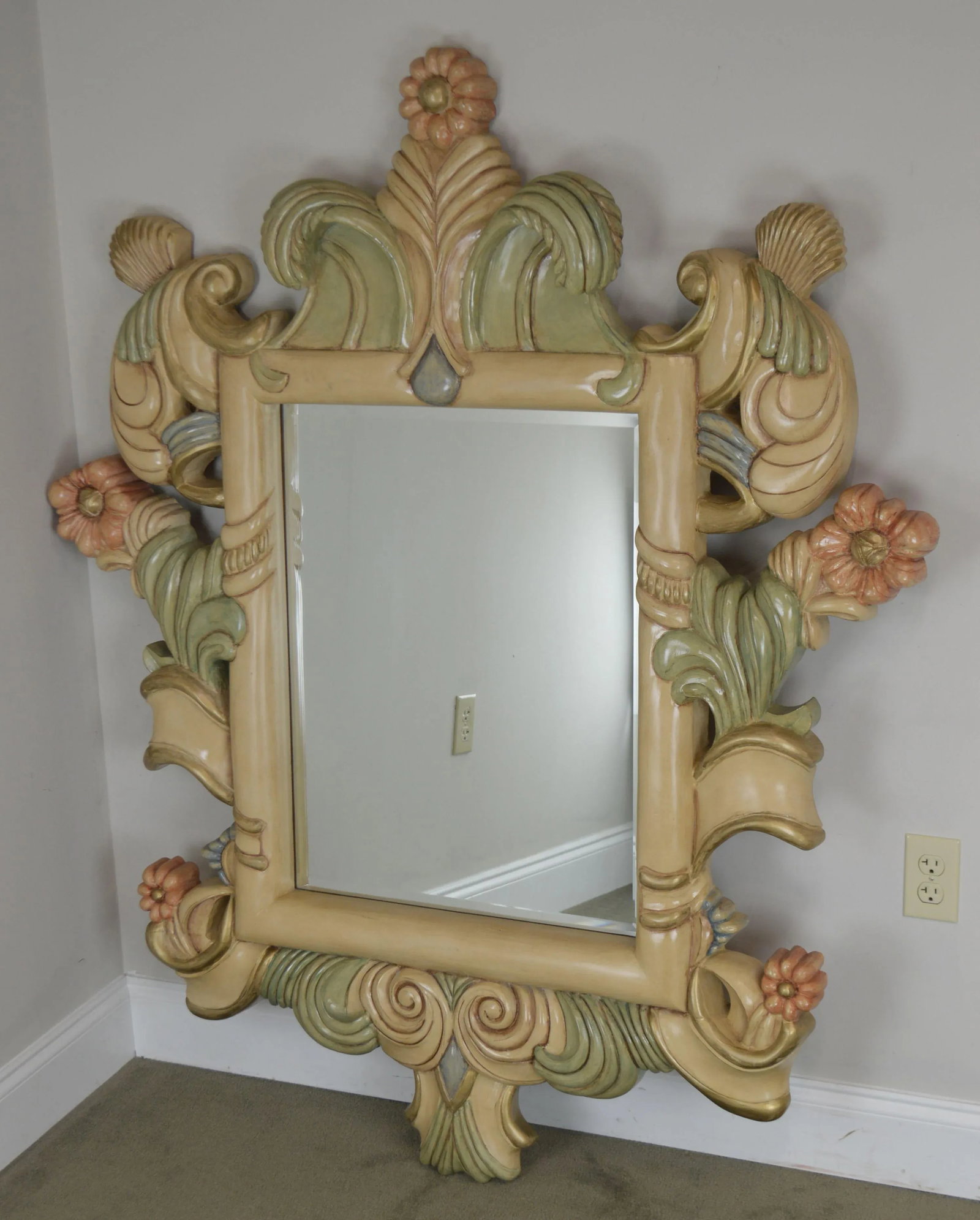 Hand Painted Large Carved Wood Frame Beveled Wall Mirror - 2