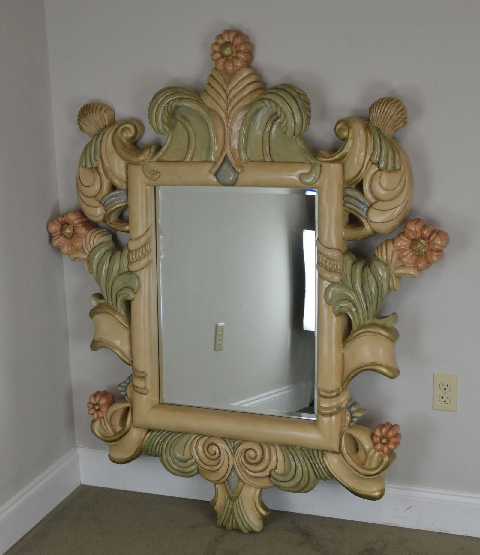 Hand Painted Large Carved Wood Frame Beveled Wall Mirror - 3