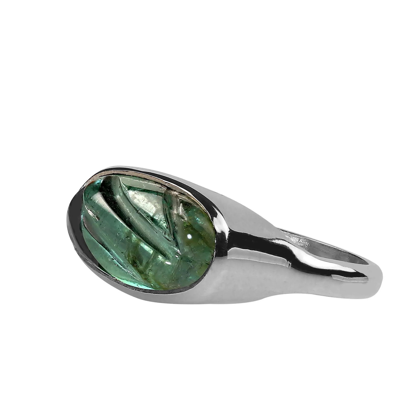 Carved Green Tourmaline and Sterling Silver Ring Size 7.75 - 4