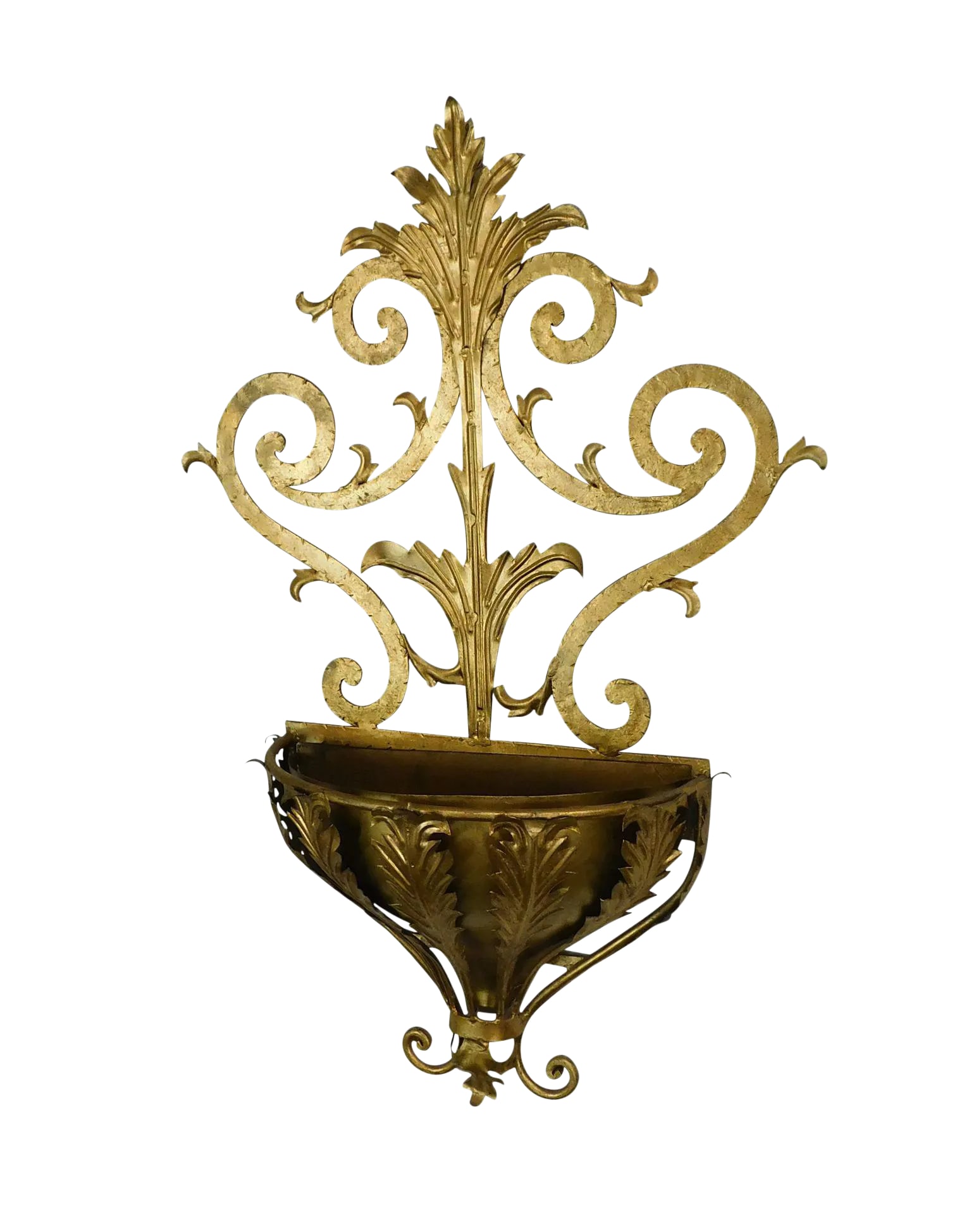 1950's Italian Gilt Metal Rococo Planter: High Quality Vintage Gold Painted Metal Hanging Wall Planter Condition: Alterations: Original Condition Unaltered Imperfections: Some Imperfections Condition Notes: Clean Vintage Condition. Origin: