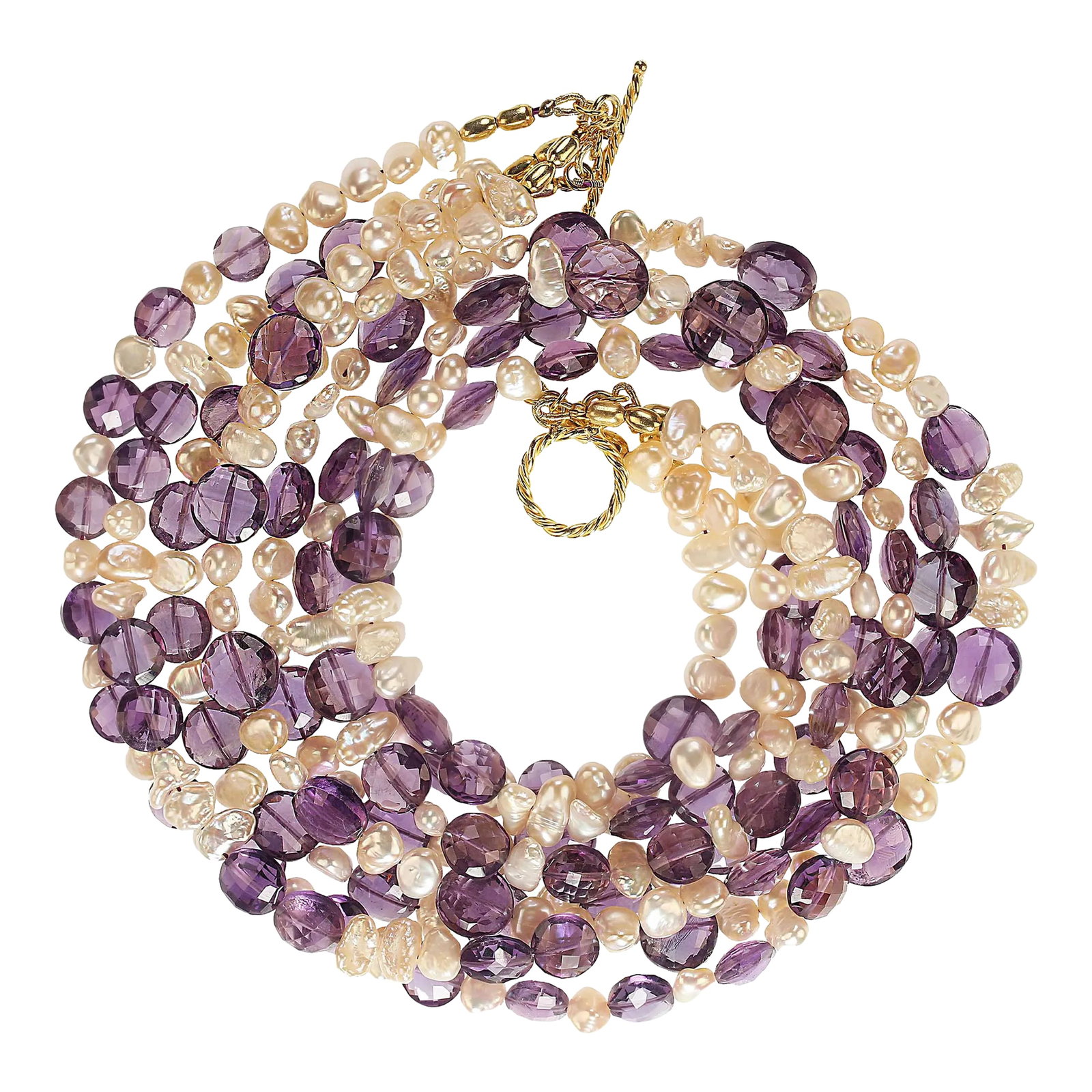 Four Strand Necklace of Amethyst and Pearls: This is part of Chairish's Fine Jewelry assortment. Elegant 19-Inch Four-Strand Amethyst and Freshwater Pearl Necklace - A Unique Statement Piece Elevate your style with this stunning four-strand