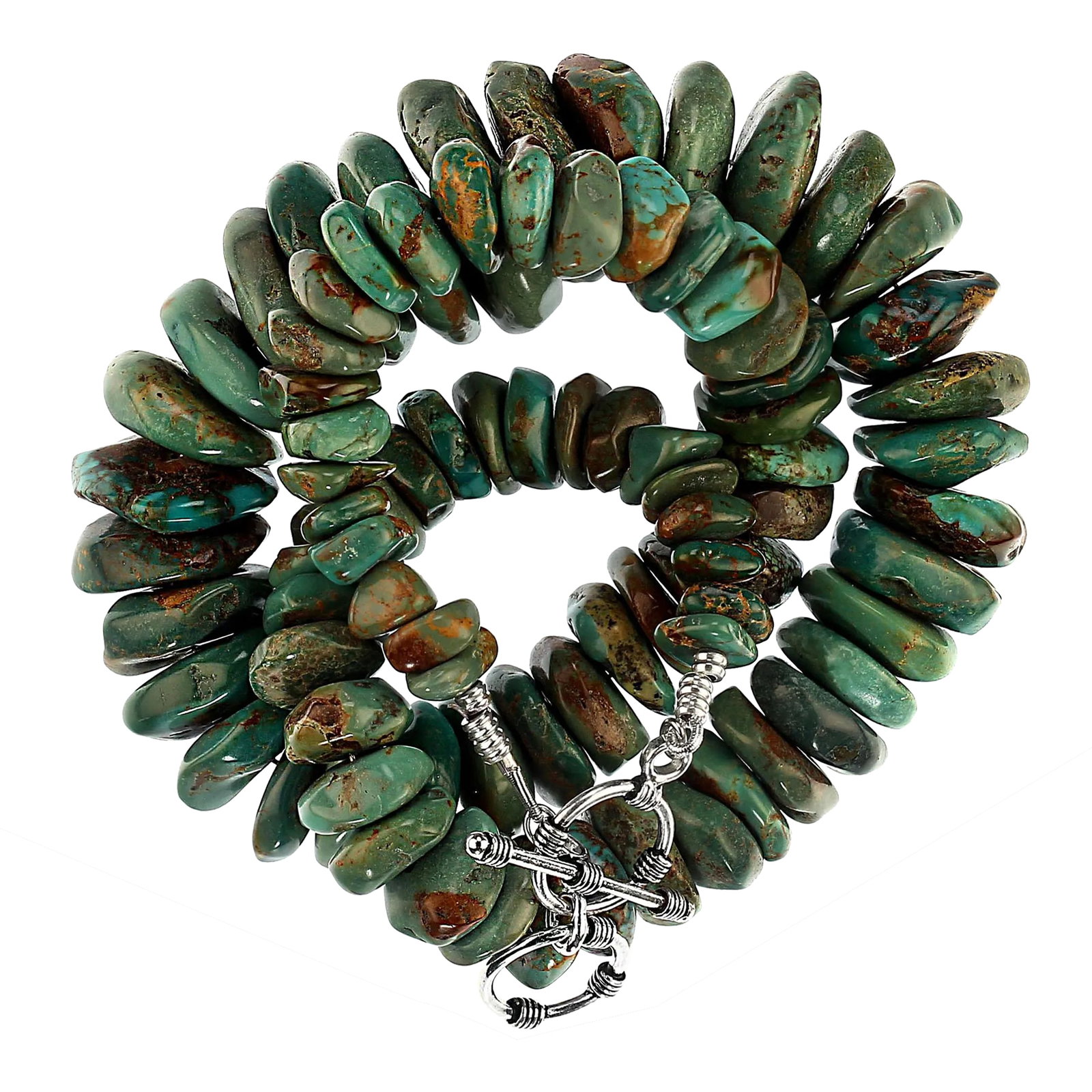 Graduated Green Turquoise Matrix Necklace: This is part of Chairish's Fine Jewelry assortment. 20-Inch Graduated Green Chinese Turquoise Necklace with Silver-Plated Toggle Clasp Make a bold statement with this 20-inch graduated green Chinese