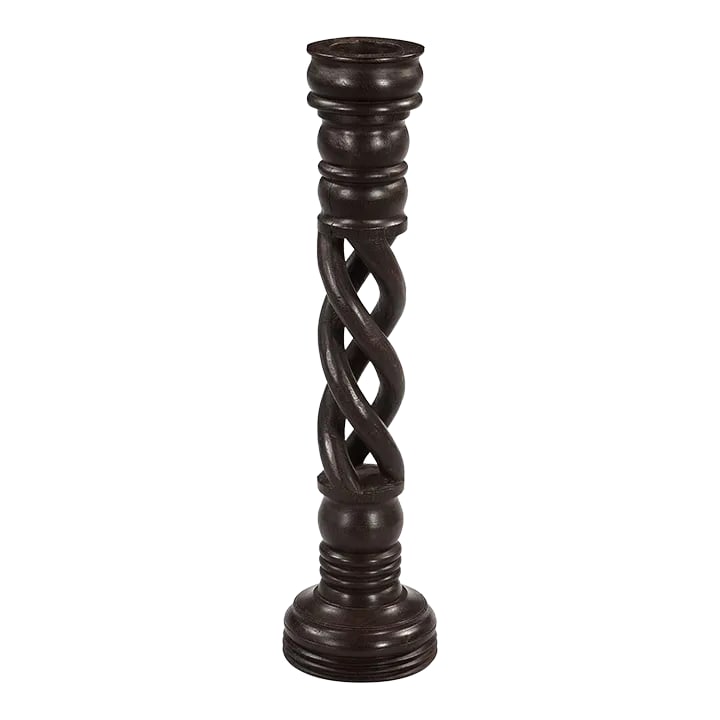 Vintage Hand Carved Tall Wooden Candle Stick in Dark Brown Finish: Dimensions: 6" W x 6" D x 27" H This piece is handcrafted by artisans using basic hand tools. Due to the nature of this creative process, you can expect to find variations in their finish and color.