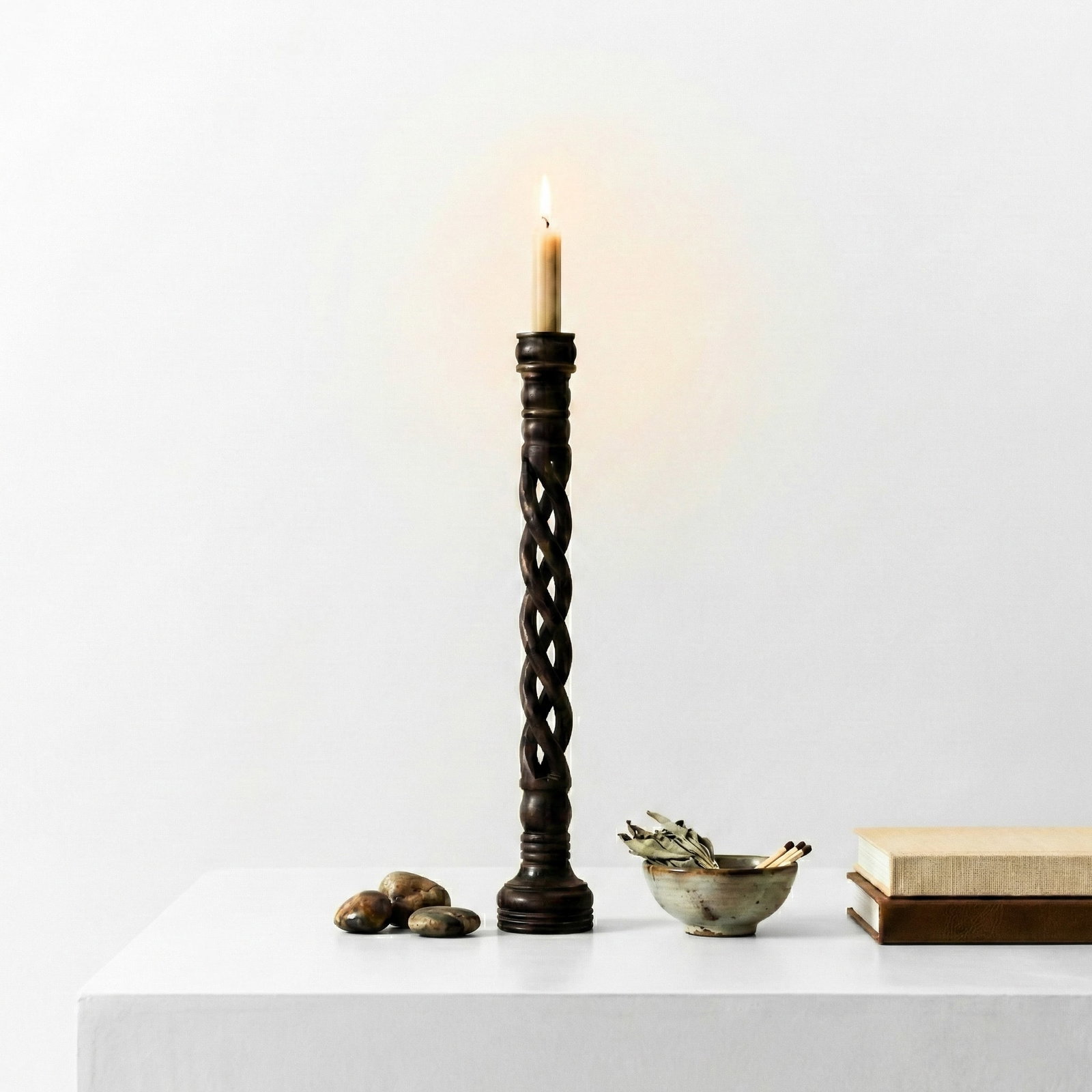 Vintage Hand Carved Tall Wooden Candle Stick in Dark Brown Finish - 3