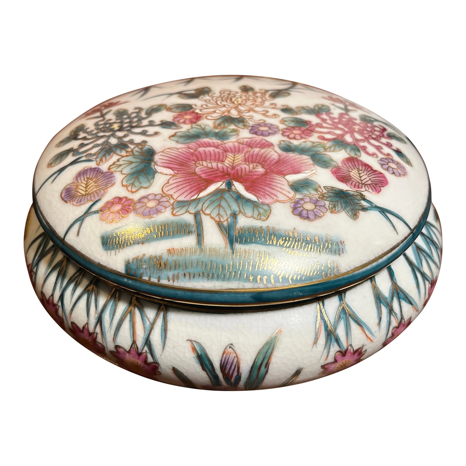 Vintage Ornate Chinoiserie Lidded Porcelain Powder Bowl: Detailed floral decoration featuring stylized pink & violet flowers highlighted in gold on a cream background. There is a blue/green band that runs along the inside rim of bowl, lid, and base. Conditi