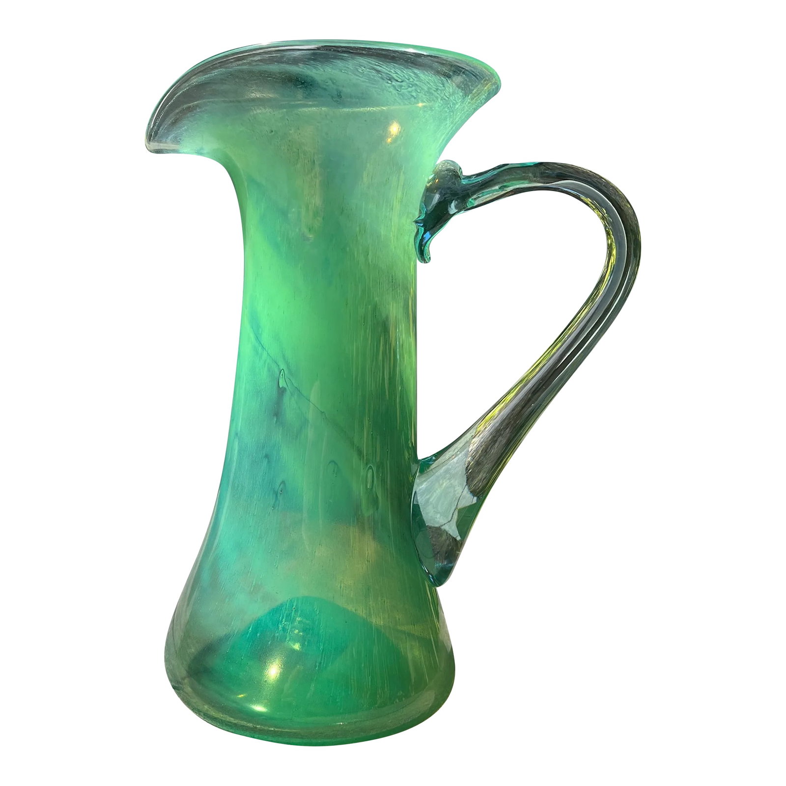 Late 20th Century Vintage Hand Blown Pitcher by Kerry Glass Ireland: Eye catching green swirls mixed in with clear glass and accented with green at base and rim. It's a little tricky to see but there's a four leaf clover design blown in at the bottom of pitcher which m