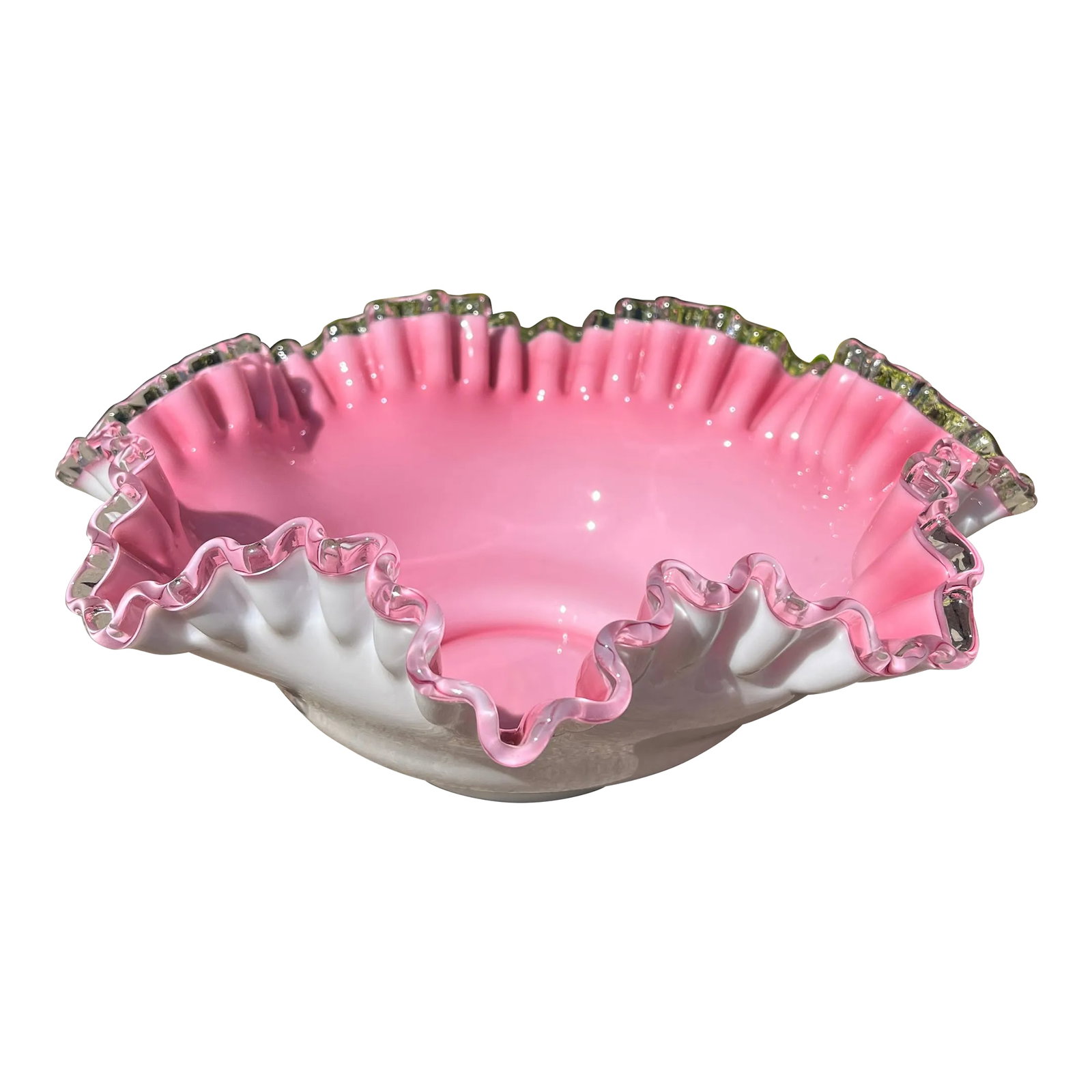 Mid 20th Century Peach Crest by Fenton Crimped Bowl: Stunning piece having a milky white exterior with a burst of peach on the interior. Crimped rim, where glass goes from peach to crystal clear at the edge. Condition: Alterations: Original Condition Un