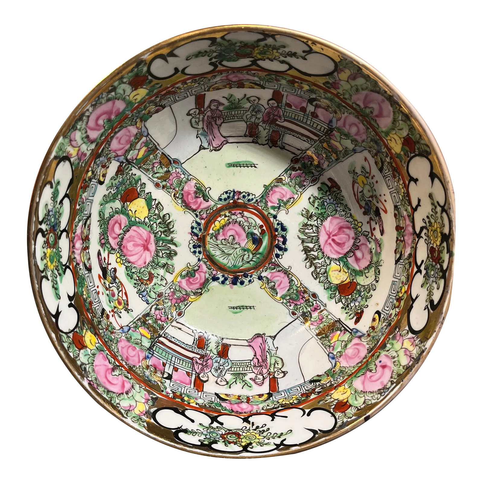 Mid 20th Century Hand-Painted Chinese Rose Medallion Bowl: Excellent hand painted color and detail in this sturdy porcelain bowl. Small scenes of several people gathering and florals depicted. Condition: Alterations: Original Condition Unaltered