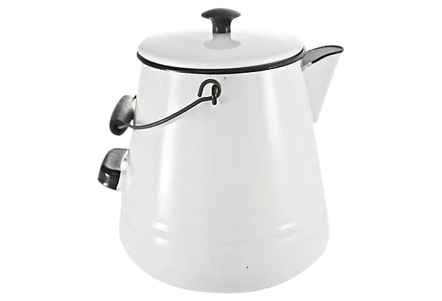 Black & White Enamelware Kettle: Large vintage heavy gauge white enamelware kettle with black accents as well as a wood bail handle (not included in height measurement). No maker's mark. Light wear. Condition: Alterations: Original