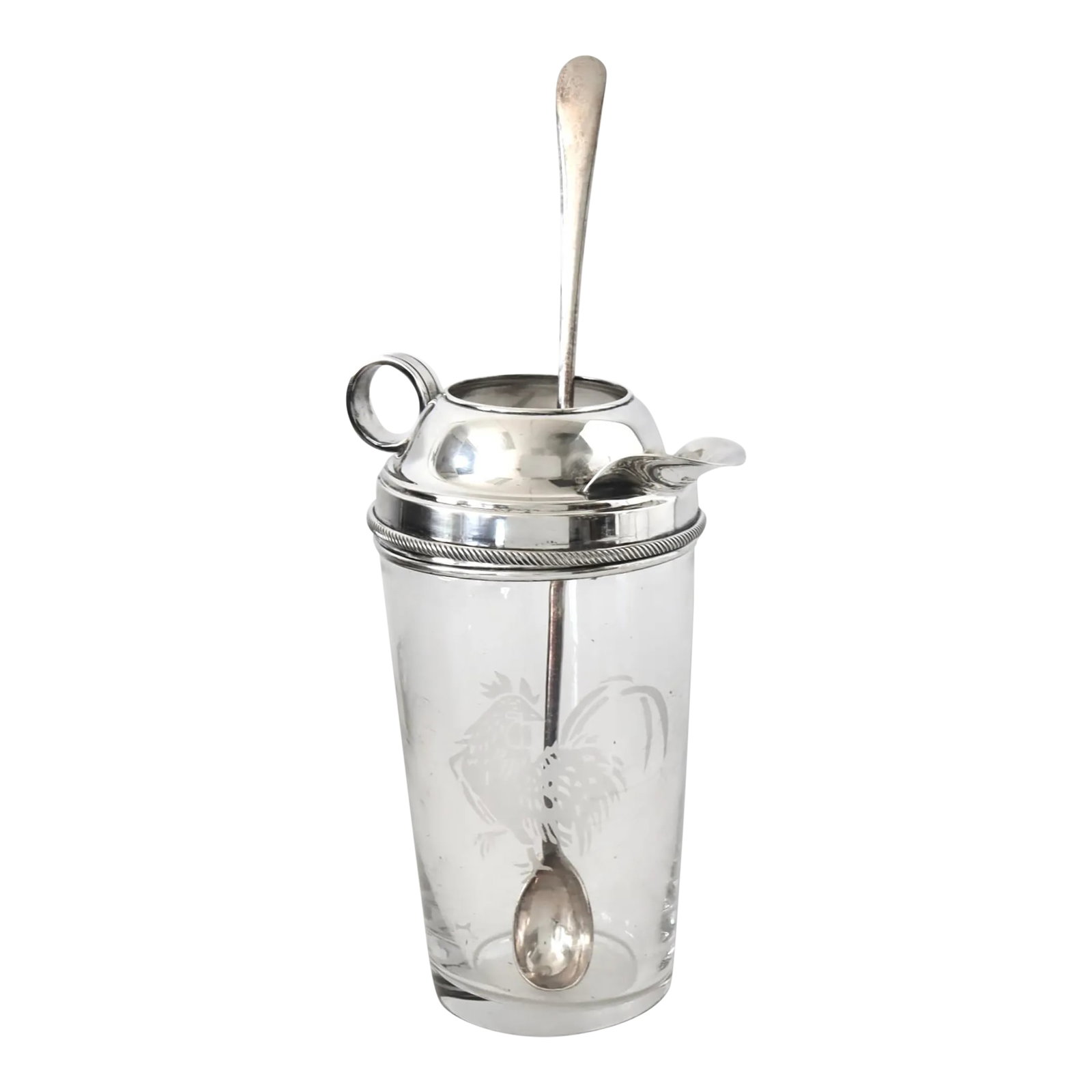 James Dixon English Cocktail Mixer: An excellent quality original Art Deco English silver plated and glass cocktail mixer with spoon, etched with a cockerel, by James Dixon Circa 1920. This pattern is rare and highly collectible. The