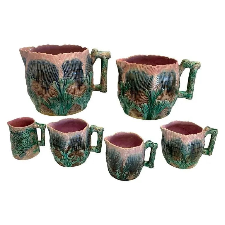 Late 19th Century Collection of Six Etruscan Majolica Shell and Seaweed Pitchers - 13