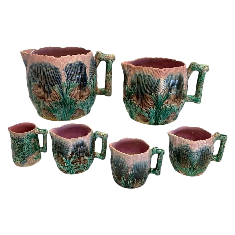 Late 19th Century Collection of Six Etruscan Majolica Shell and Seaweed Pitchers: A collection of six Etruscan Majolica shell and seaweed pitchers, five in the typical shell and sea weed pattern, one in a variation of the pattern in the Narragansett style. A fine instant collection