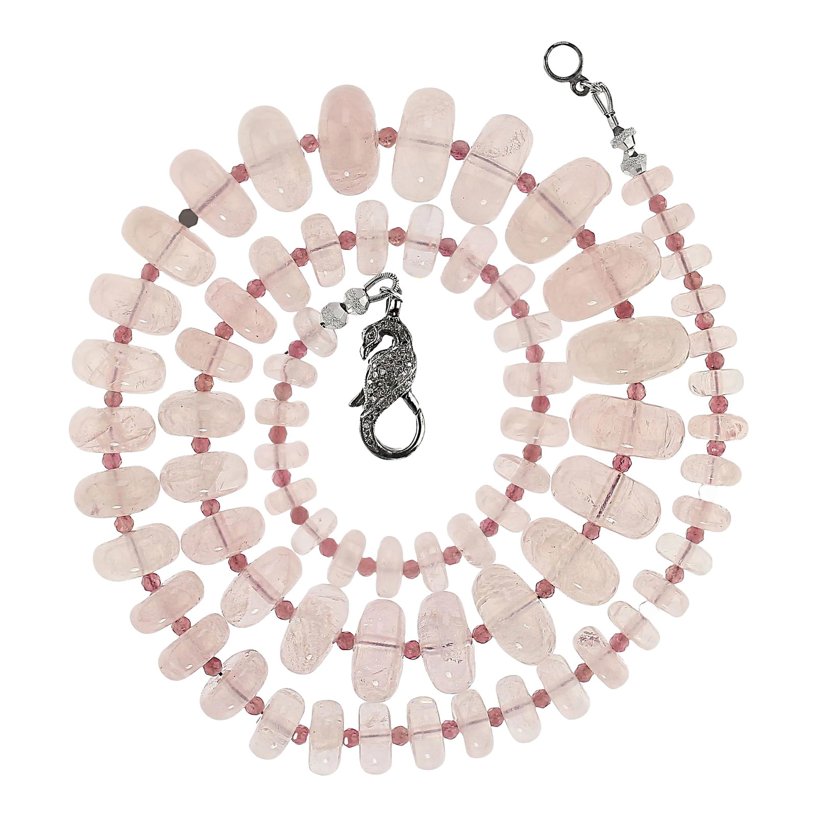 Graduated Rose Quartz Necklace: This is part of Chairish's Fine Jewelry assortment. Elegant 24-Inch Rose Quartz and Pink Tourmaline Necklace with Sterling Silver Clasp Enhance your jewelry collection with this gorgeous 24-inch