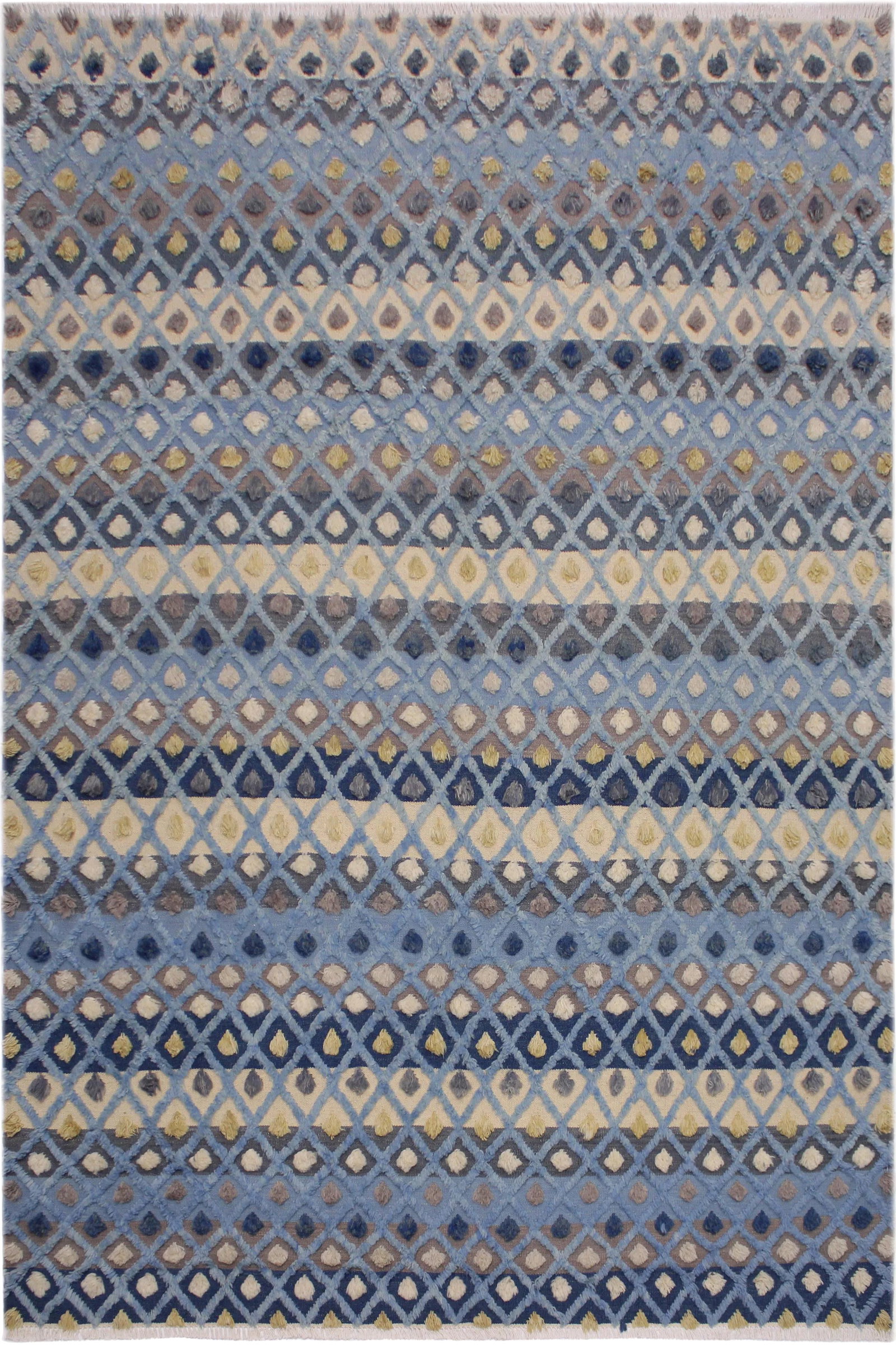 1990s Modern Moroccan High-Low Pile Lt. Blue Wool Rug - 9'3'' * 12'4'': Make a statement in your home with this meticulously hand-knotted high-low pile Moroccan wool rug. An intricate design made with luxurious wool and exquisite coloration makes this extravagant rug a co