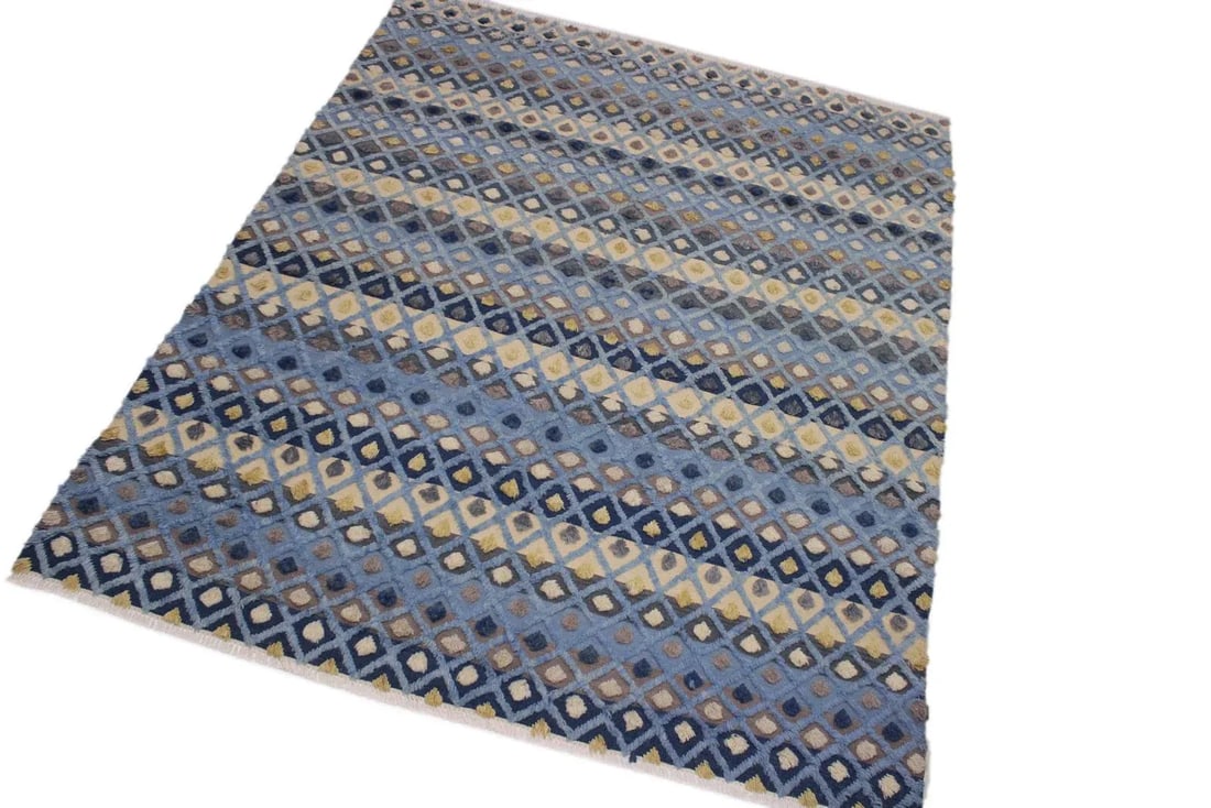 1990s Modern Moroccan High-Low Pile Lt. Blue Wool Rug - 9'3'' * 12'4'' - 2