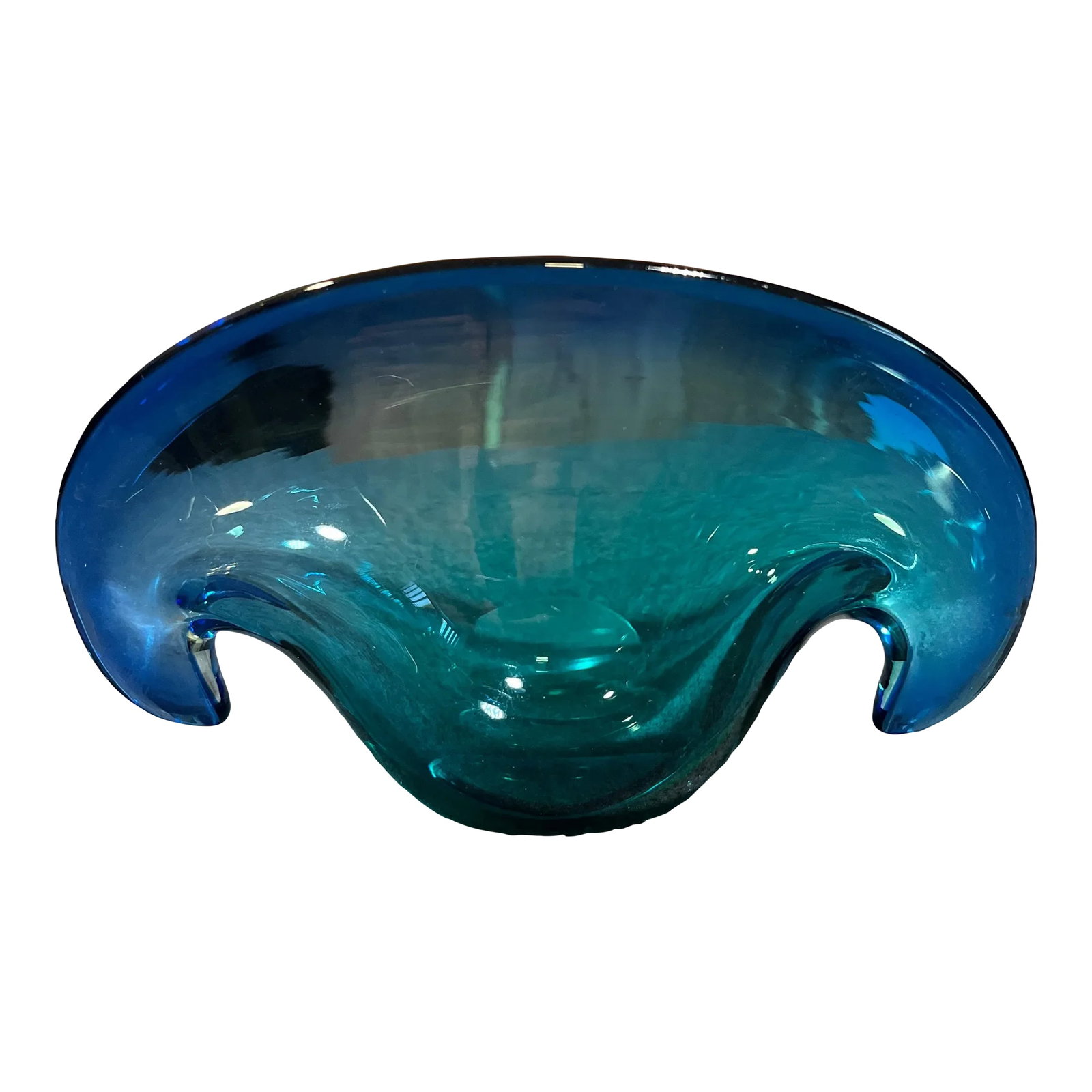 Mid 20th Century Murano Attributed Blue Glass Clam Shell Bowl: Cool and unusual clam shaped sculptural bowl in a beautiful blue color. Attributed to Murano Glass Company. Condition: Alterations: Original Condition Unaltered Imperfections: Some Imperfections Condi